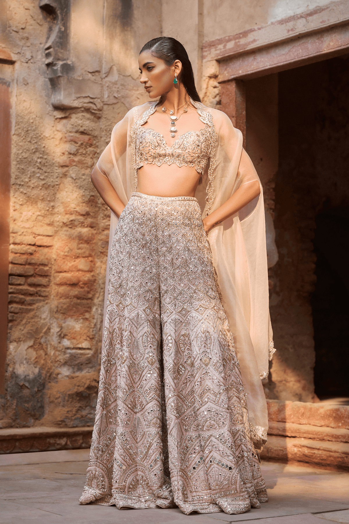 Nude Peach Rawsilk High Waist Sharara and Cape Set