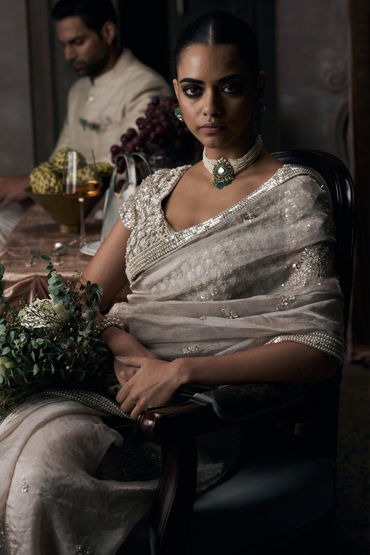 Silver Dandelion Tissue Saree Set