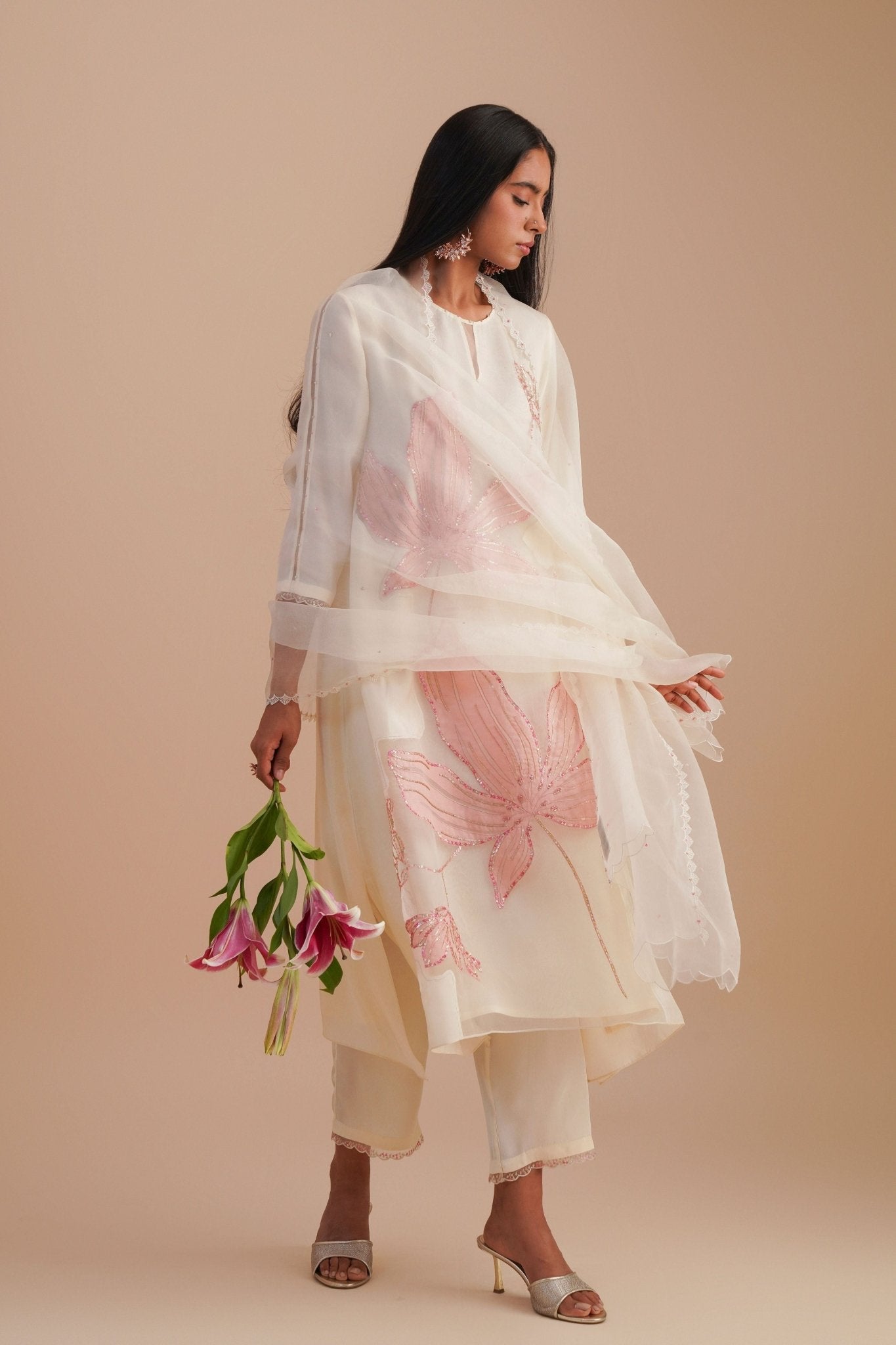 Ecru Silk Organza Dupatta - One Not Two - Elahe