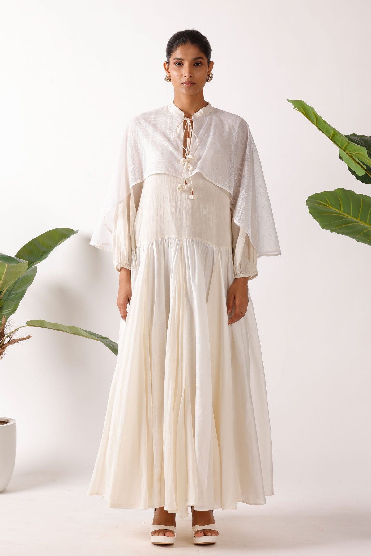 Cream Jamdani Godet Cape Dress