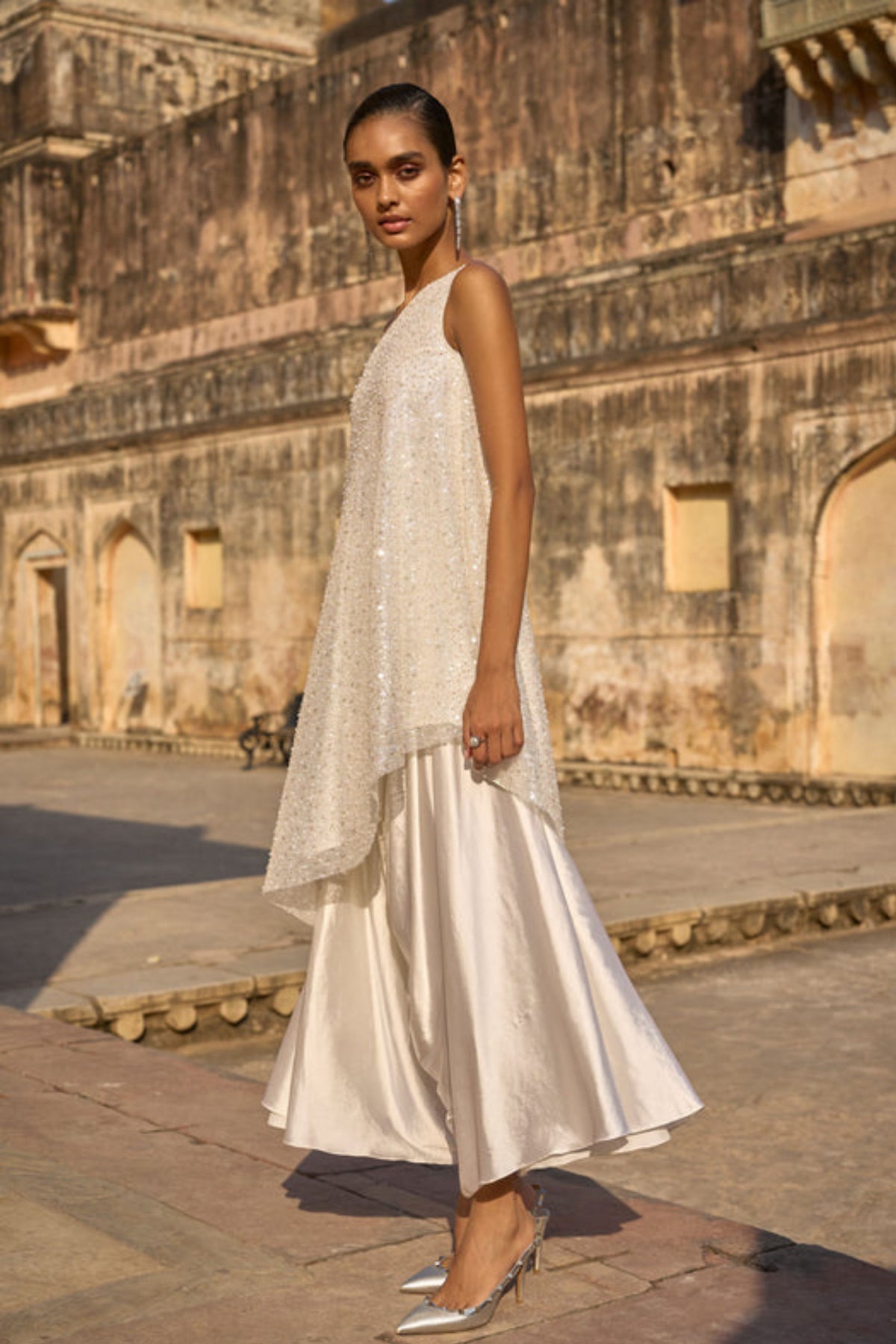 Pearl Embroidered One Shoulder Set
