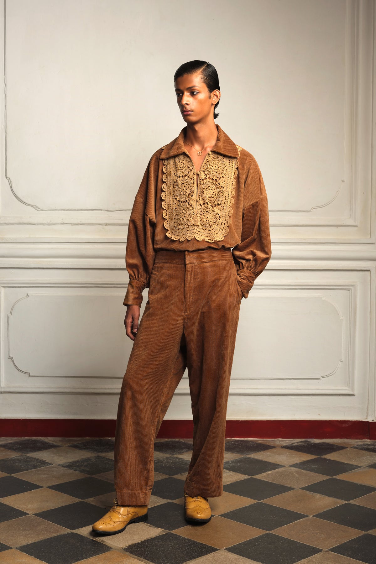 Two-tone shirt with crocheted trousers