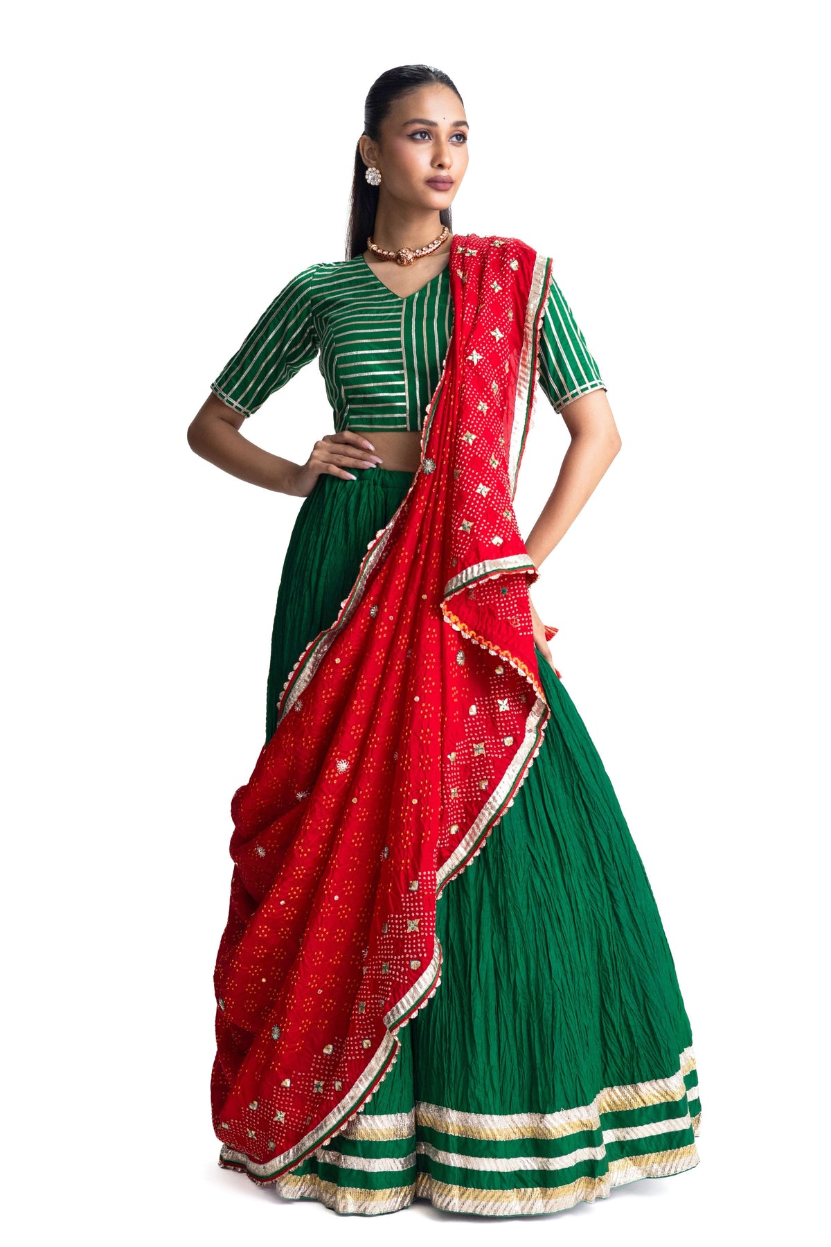 Green Crushed Silk Lehenga