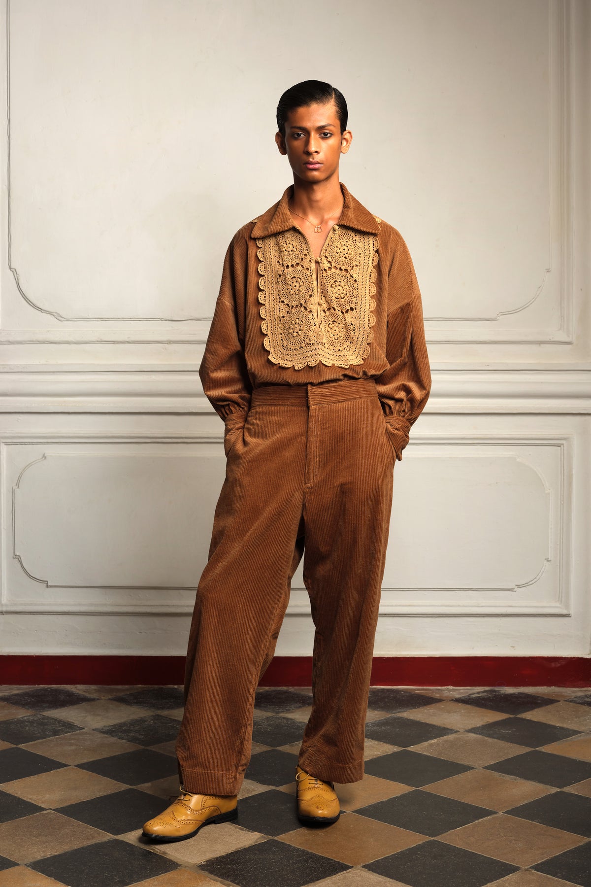 Two-tone shirt with crocheted trousers