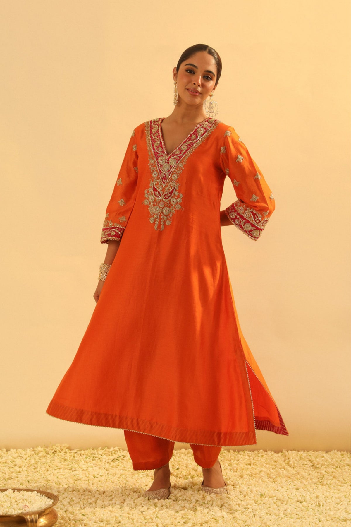 Alima Orange Long A-line Choga With Salwar
