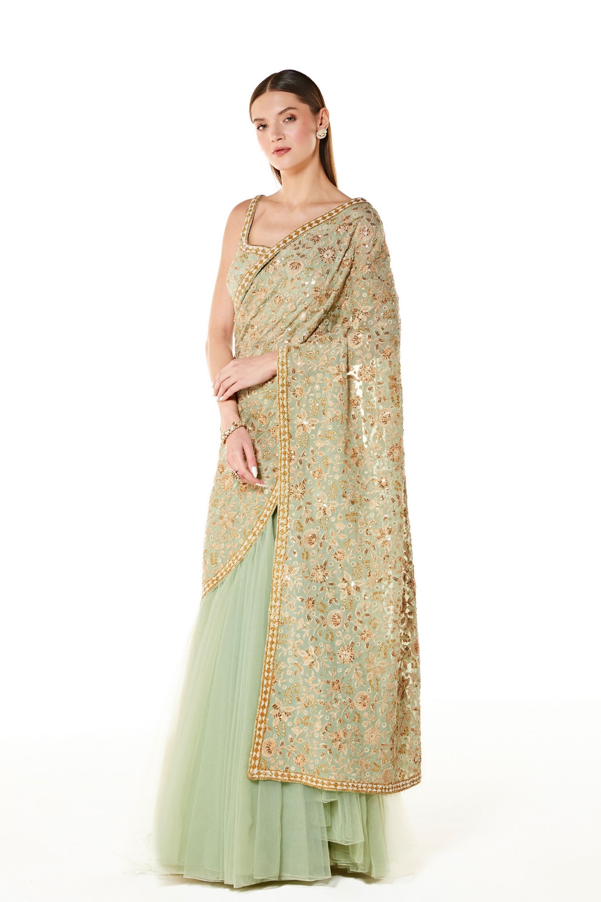 Sage Sairaa Embroidered Saree Set