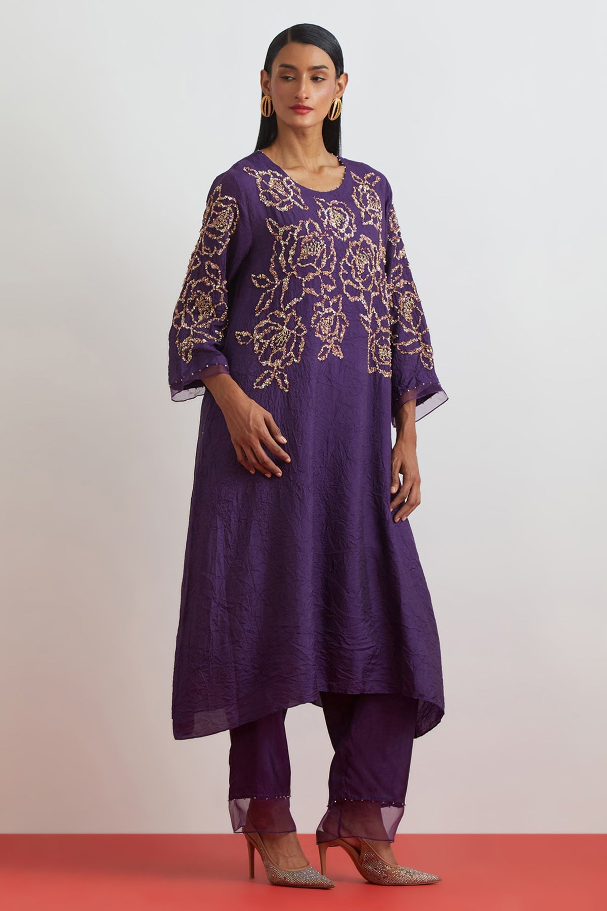 Violet Floral Encrusted Kurta Set