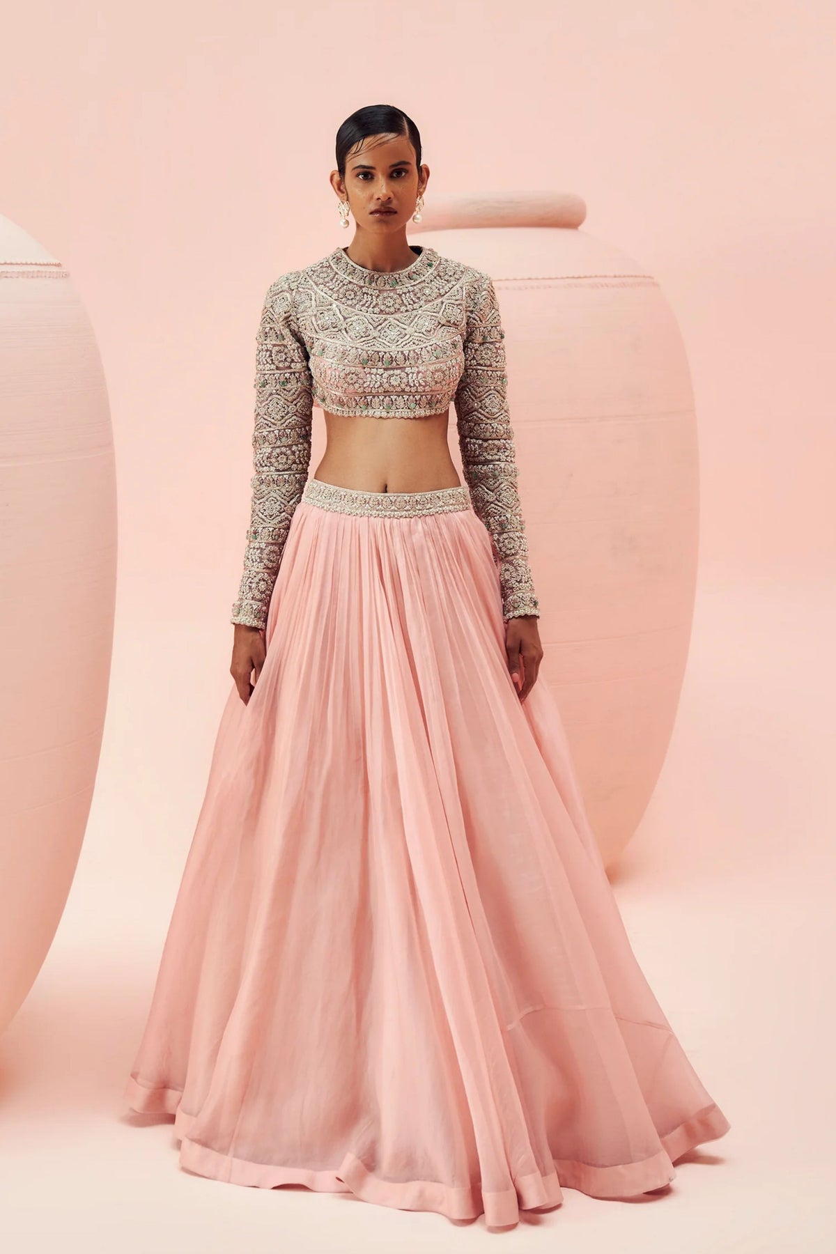 Blush Pink Floral Embroidered Blouse Set
