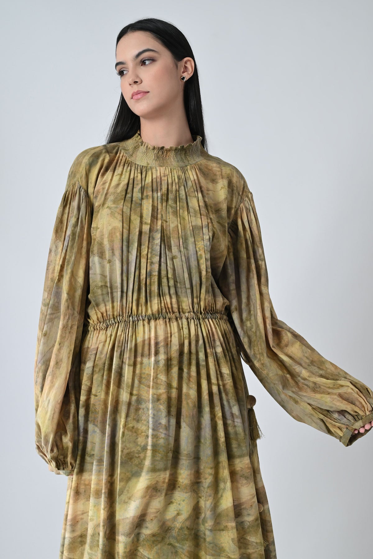 Olive Dye Printed Long Dress