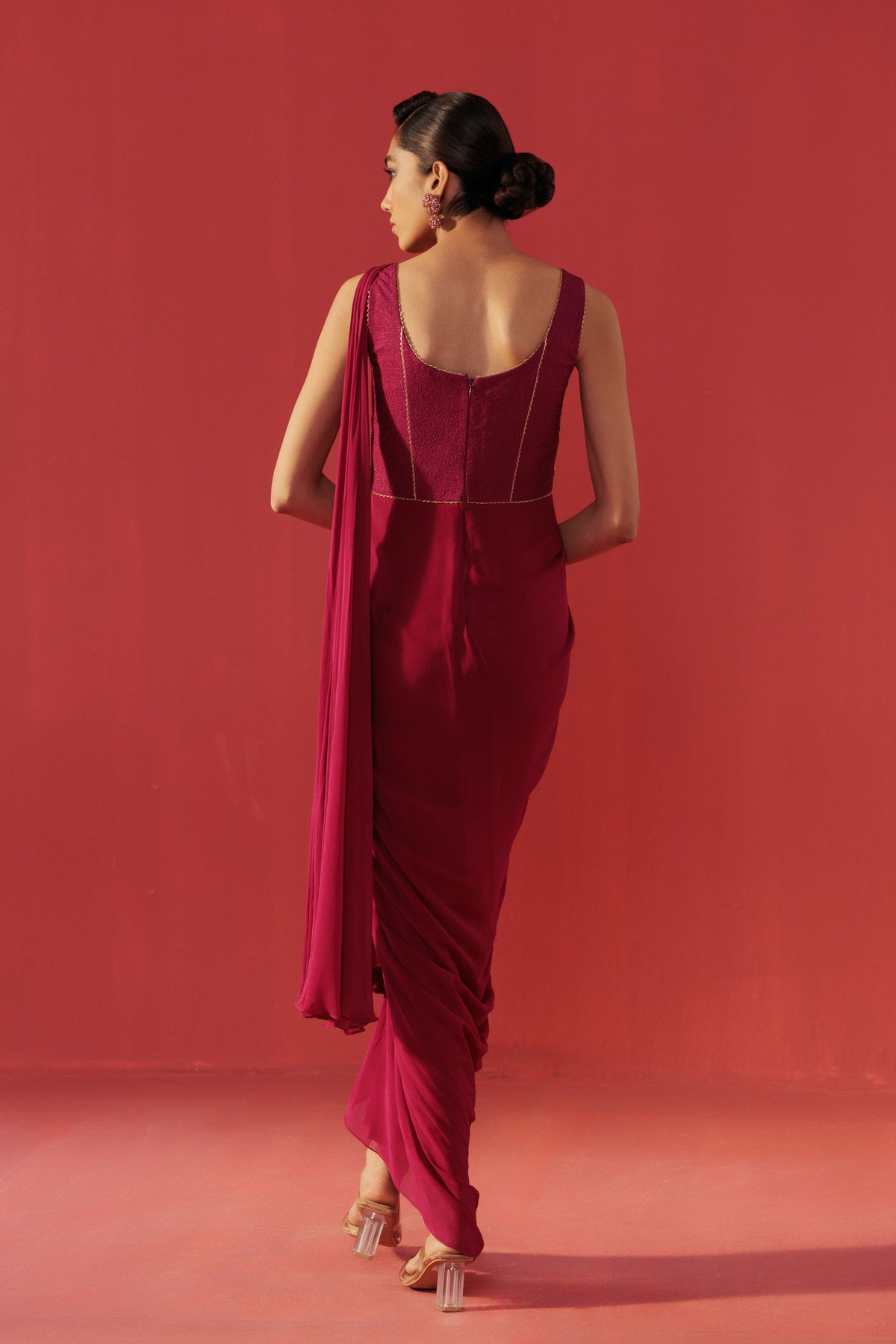 Magenta Draped Saree Set