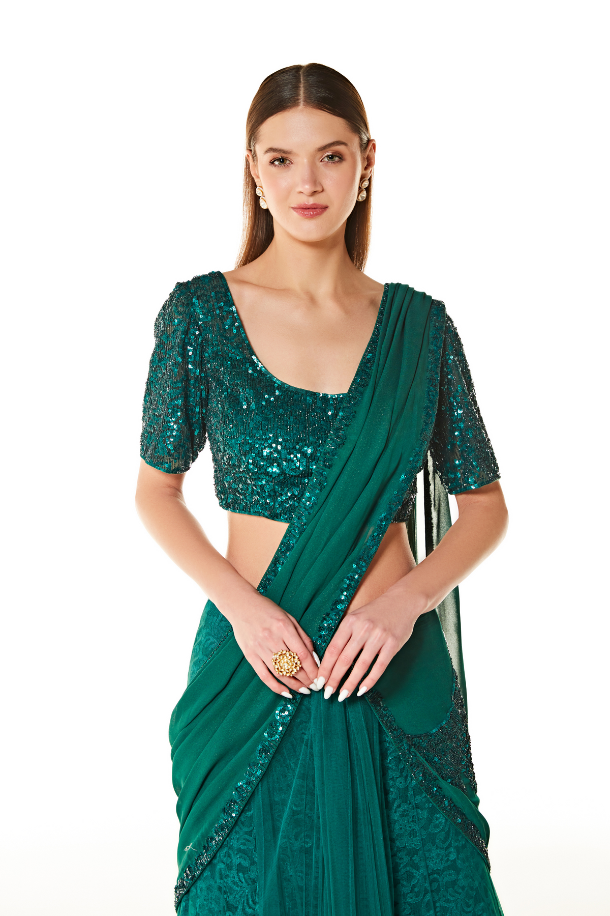 Green Adha Embroidered Lehenga Saree Set