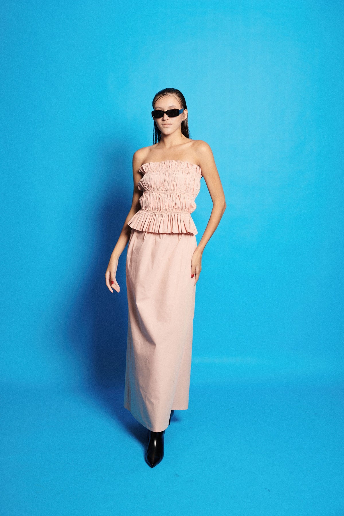 Poplin Smocky Crop Top With Slit Skirt Set