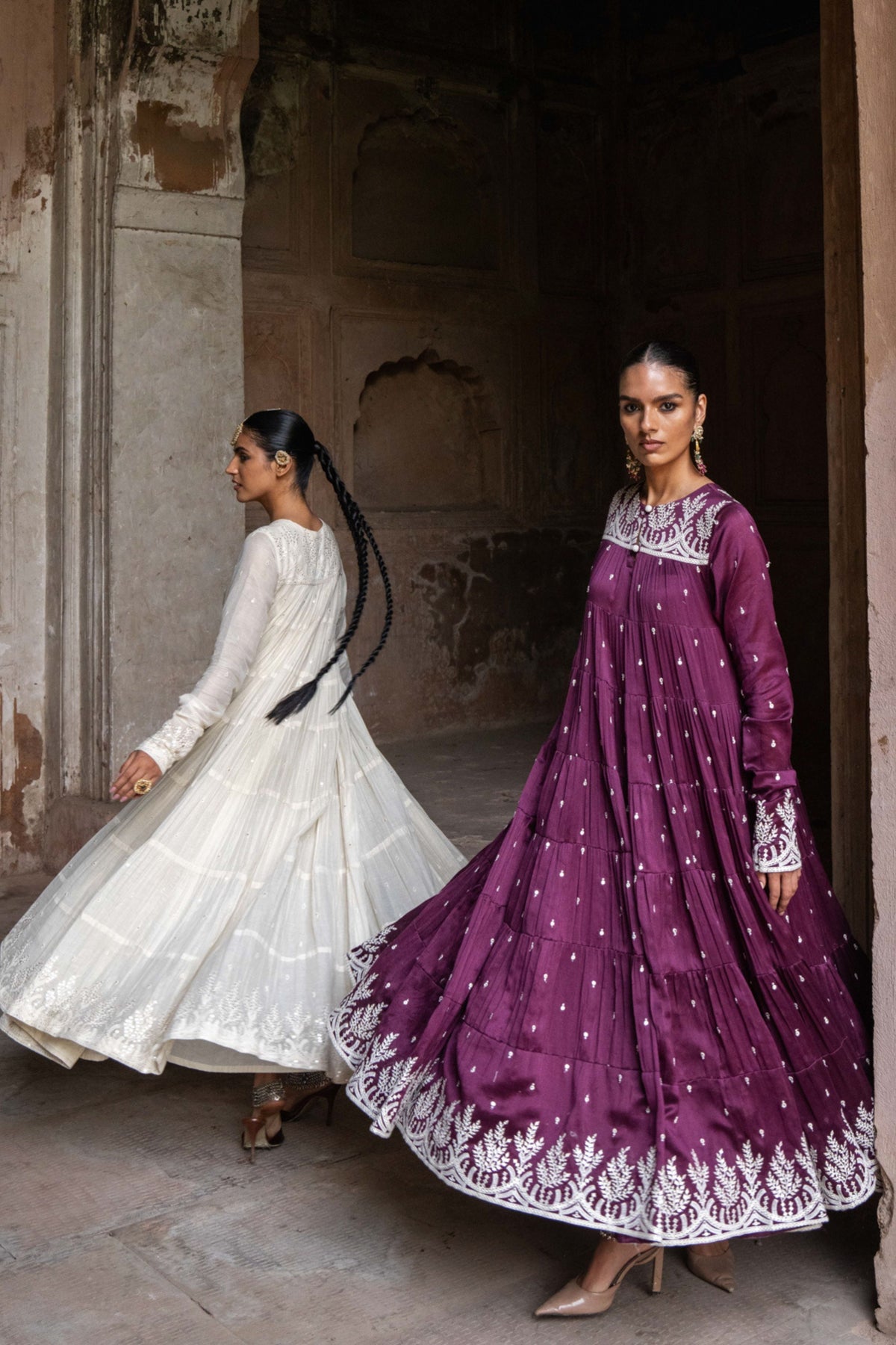 Off White 8 Layer Forest Anarkali Set