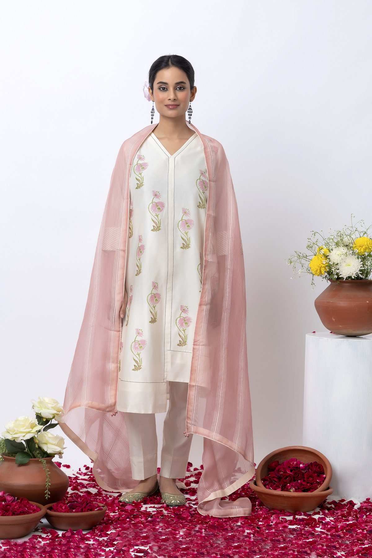 Off White Block Printed Kurta Set