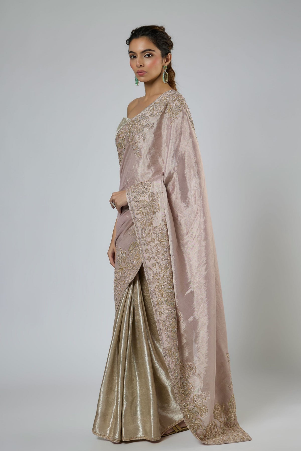Pink Silver Draped Saree Set