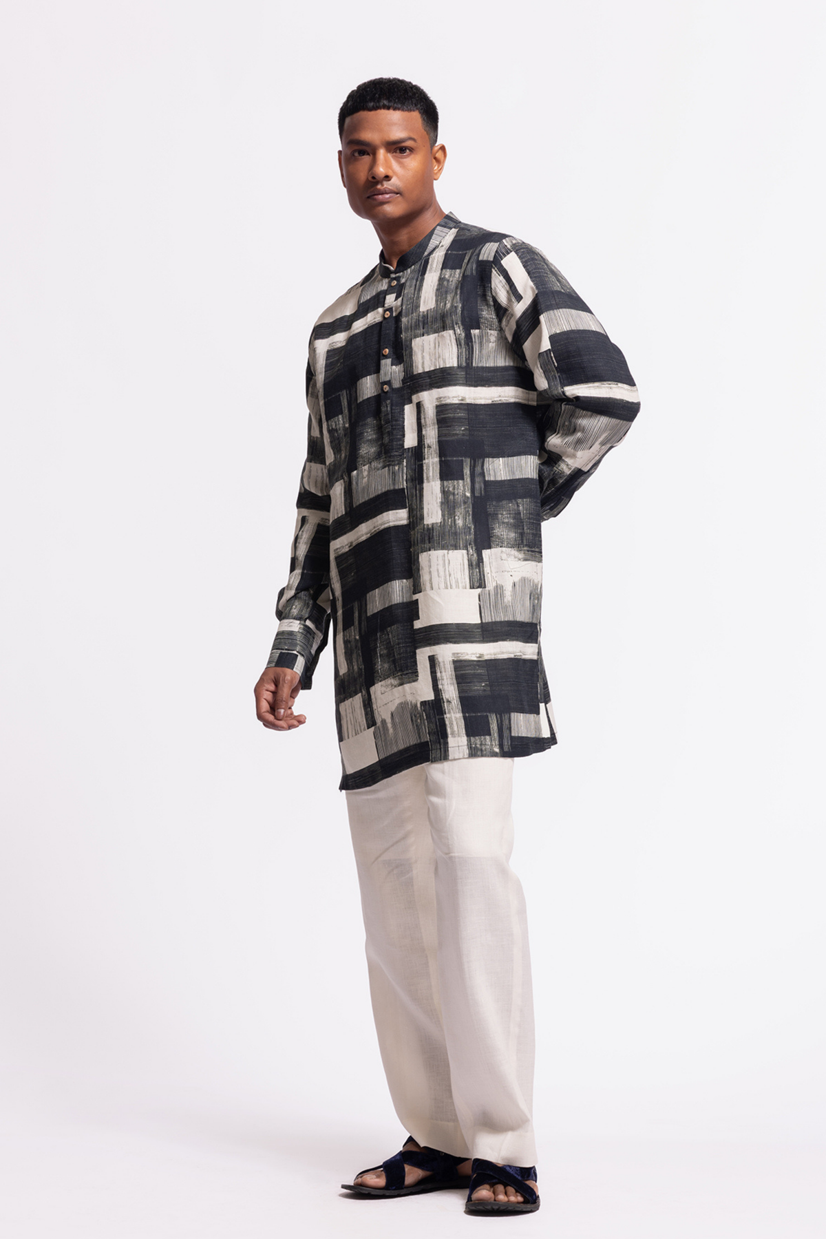 Black &amp; White Linen Short Kurta