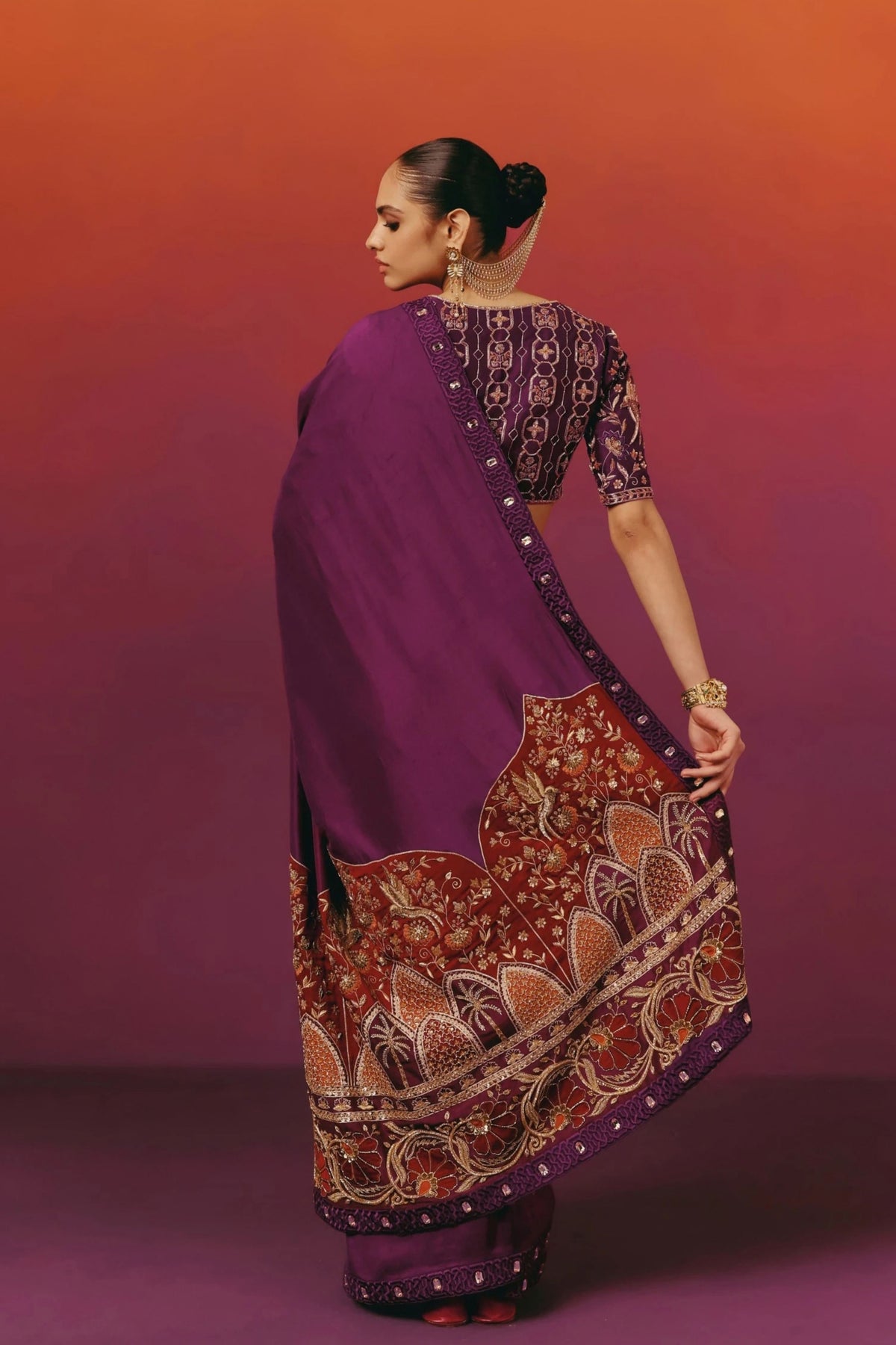 Embroidered Purple Saree Set