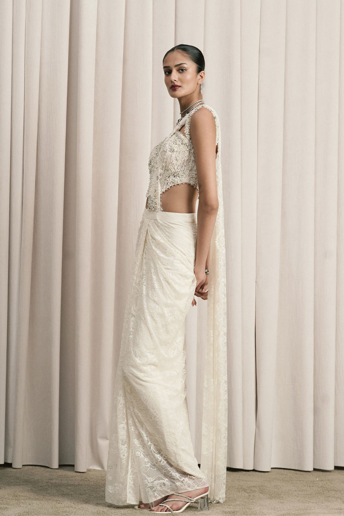 Ivory Chantilly Lace Draped Saree  Set
