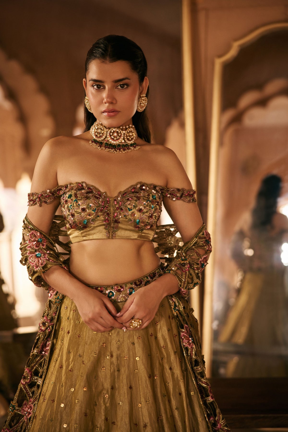 Ensemble Combines Gold Lehenga Set