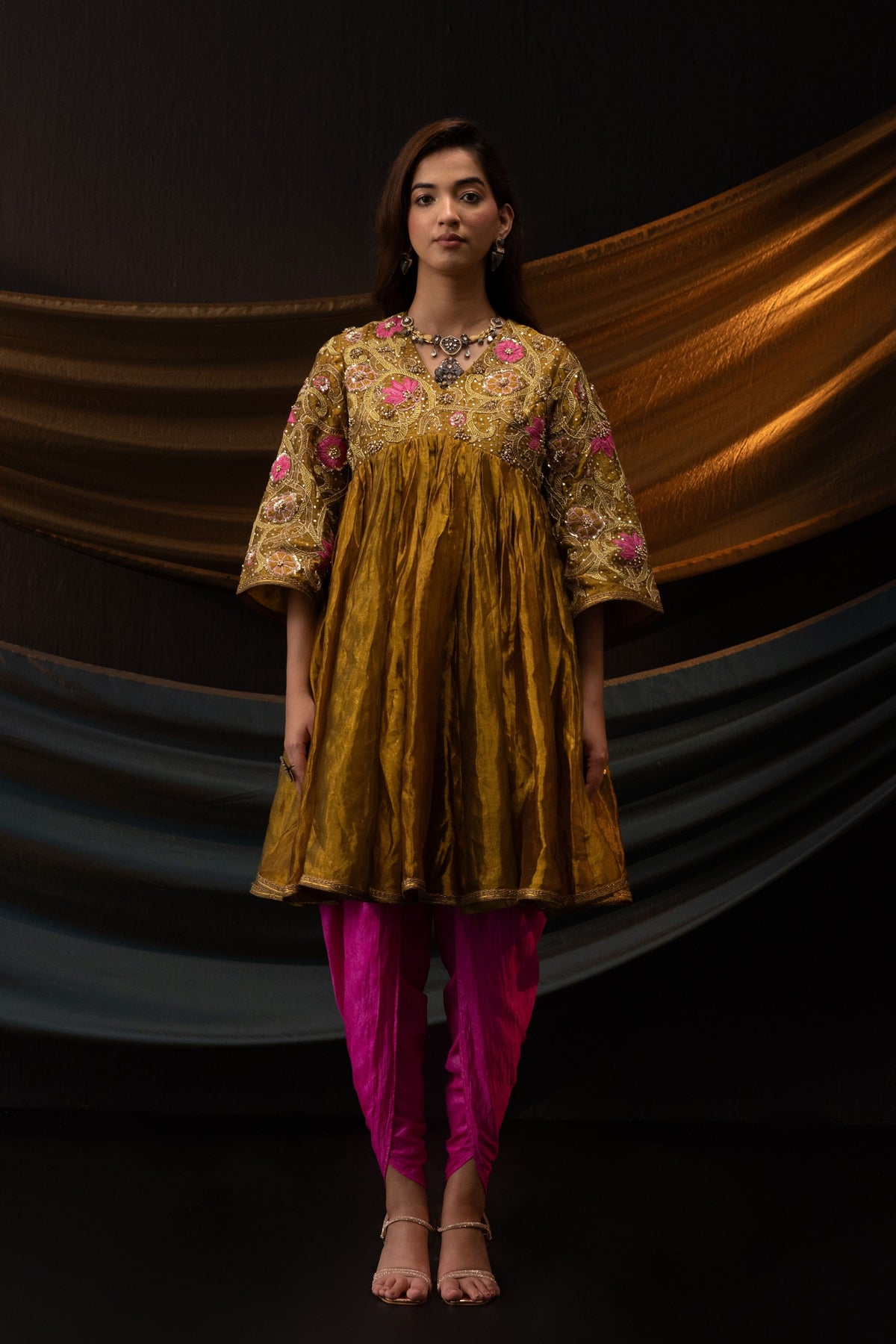 Gold Floral Motif Short Anarkali Set