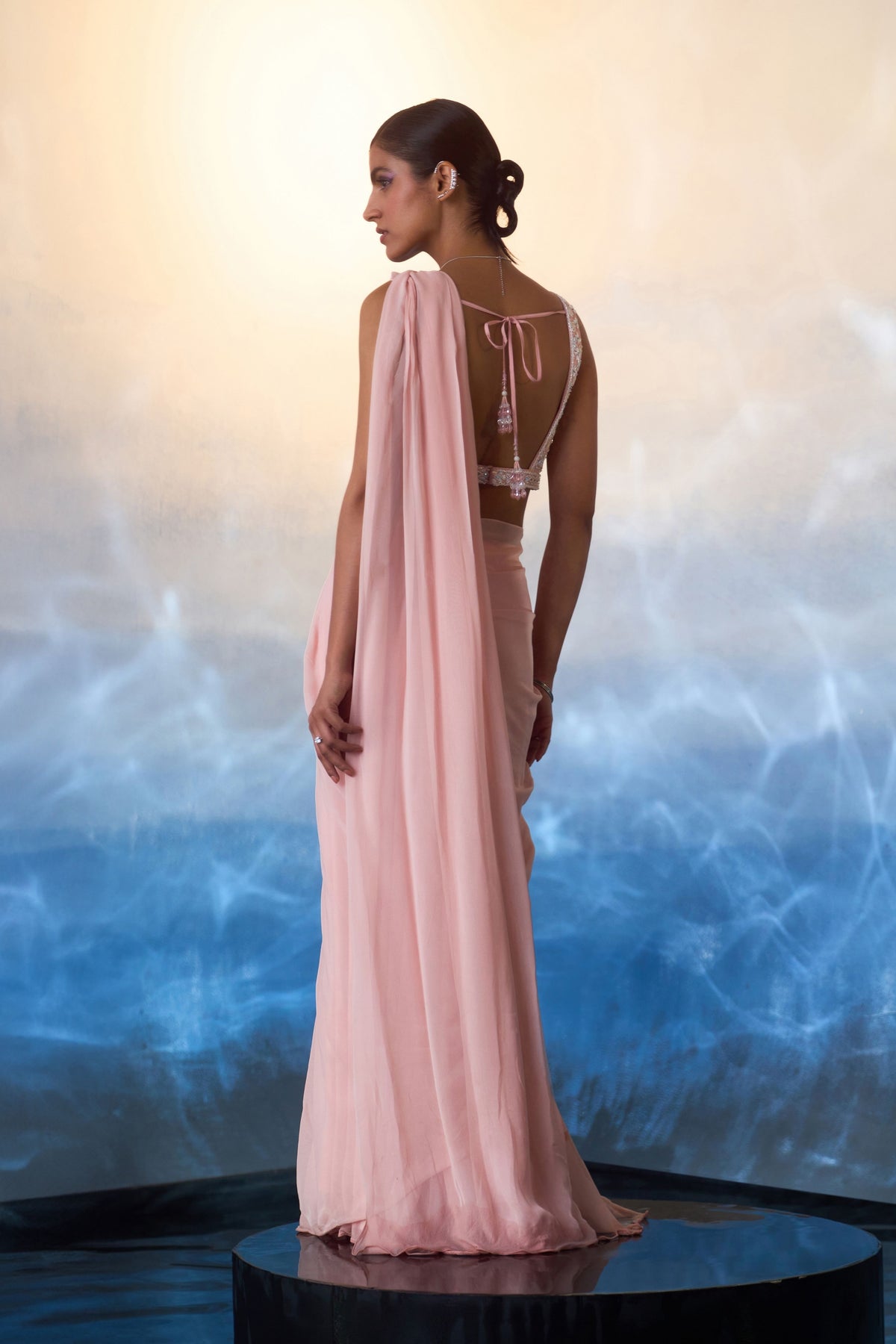 Dusty Peach Drape Saree Set