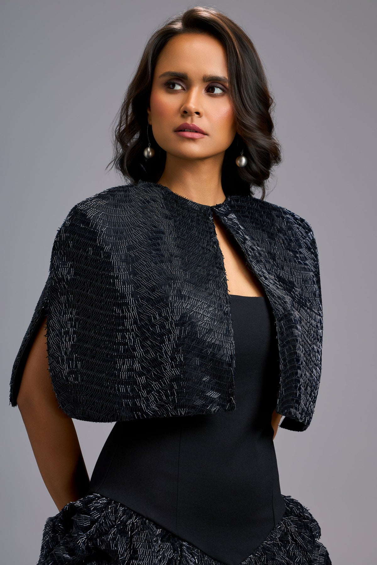 Shimmer Embroidered Black Cape Dress