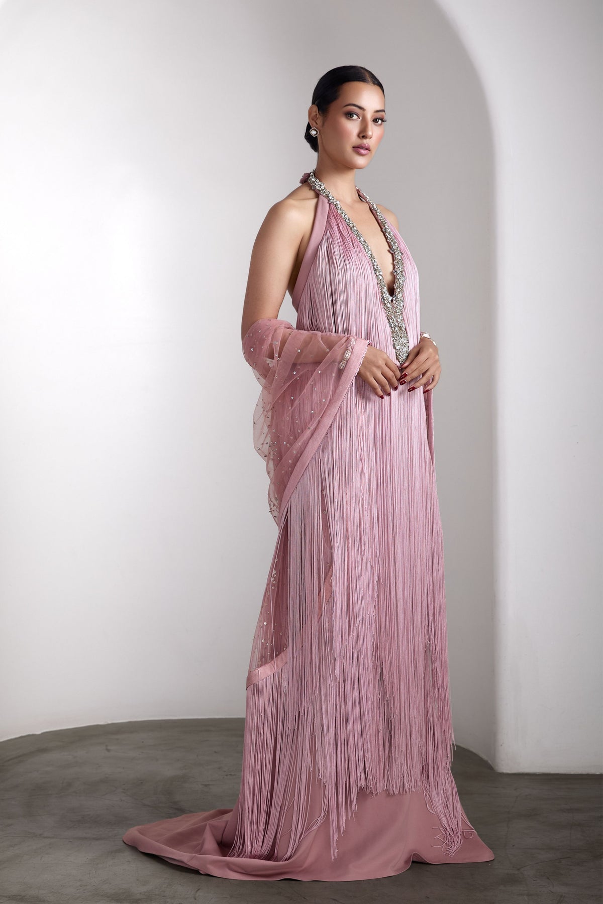 Pink Fringe Embellished Gown