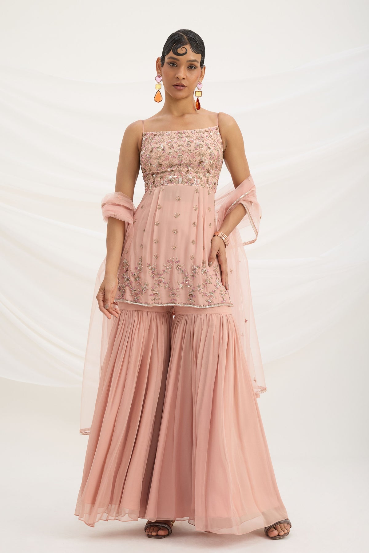 Peach Pink Embroiered Sharara Set