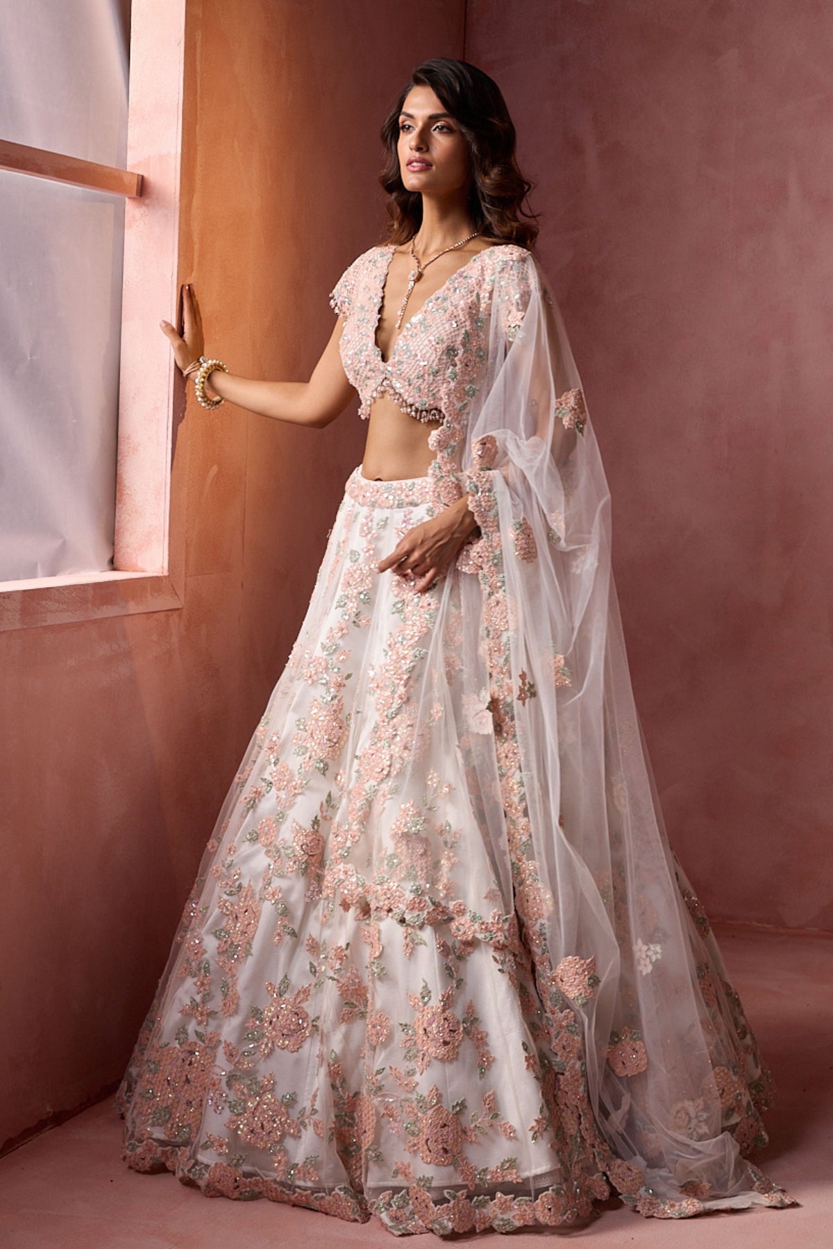 White Leather Applique Lehenga Set