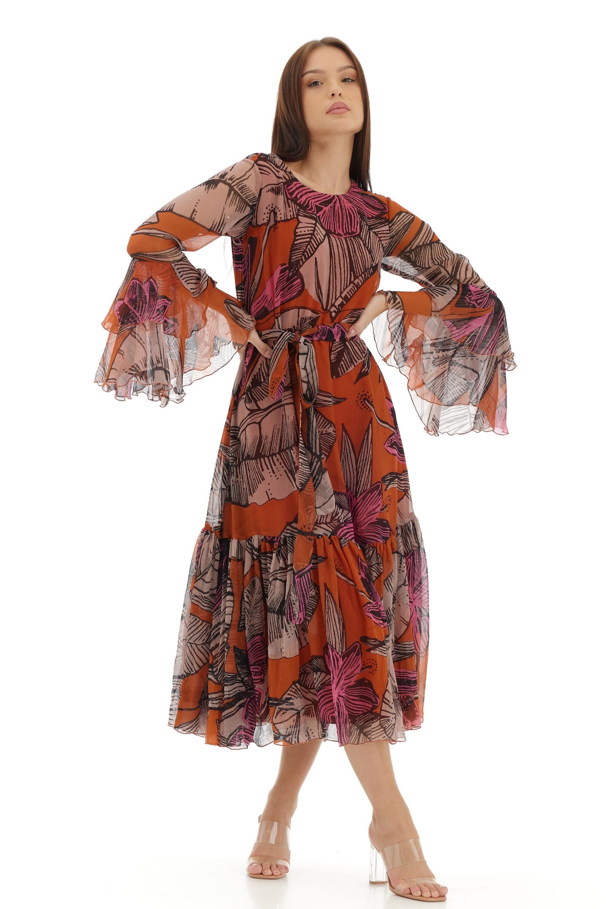Orange and Beige Midi Dress