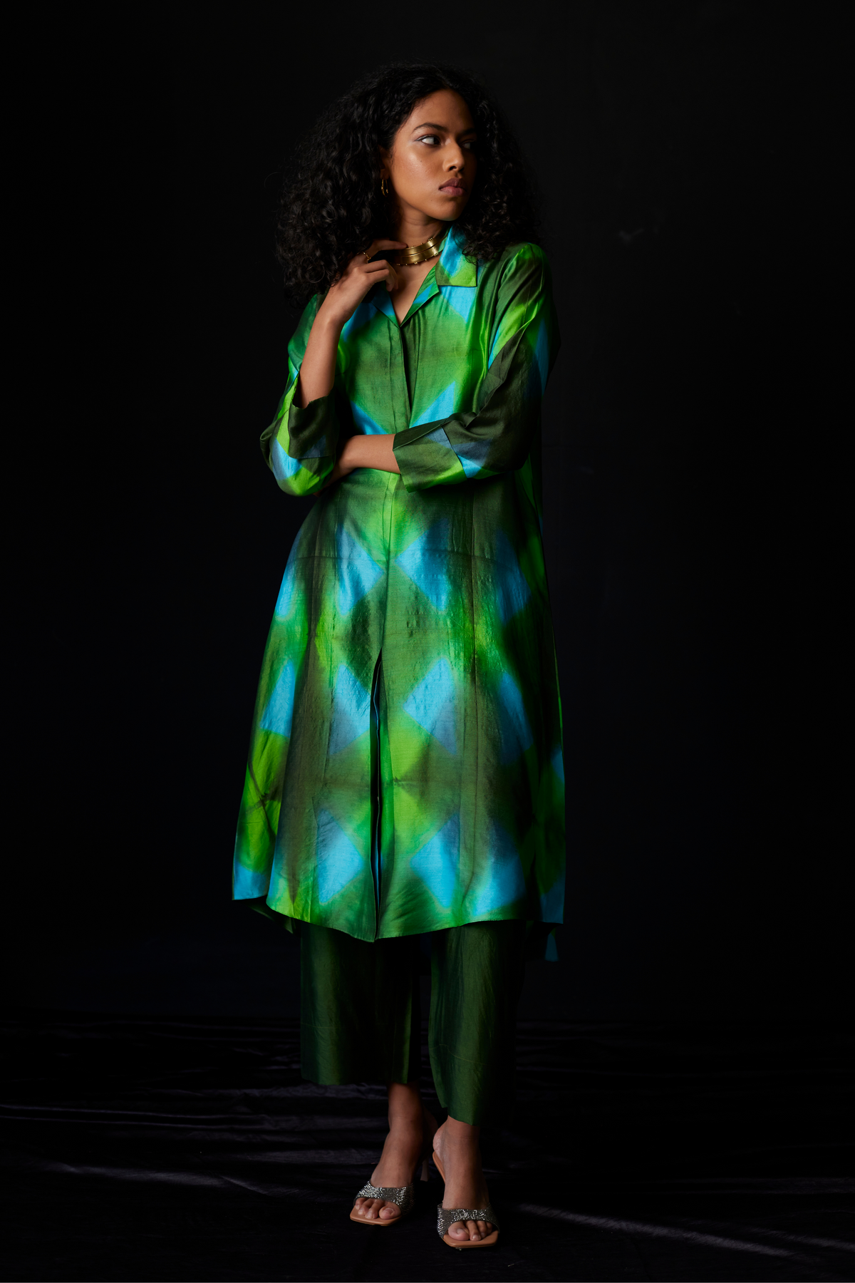 Green Tie-Dye Silk Shirt Set