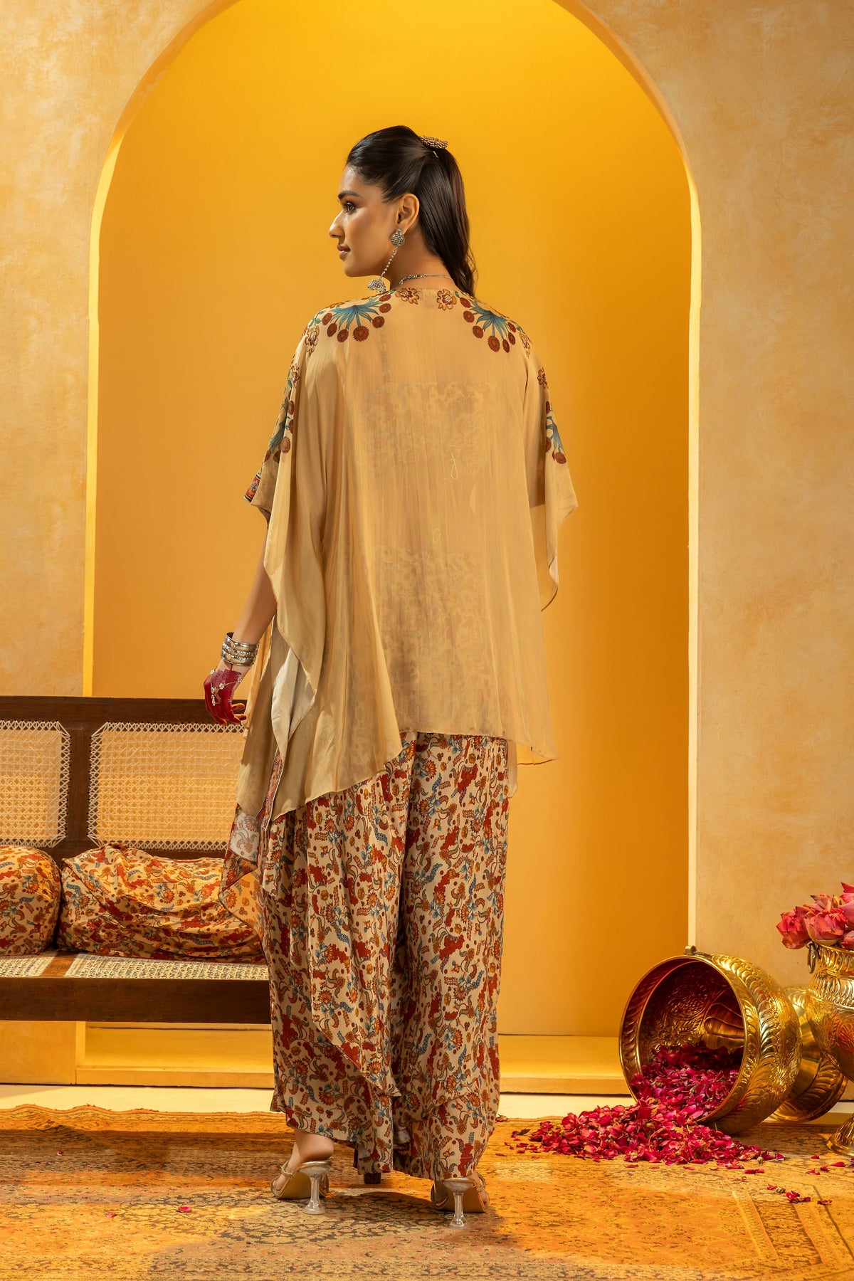 Beige Embellished Cape Set