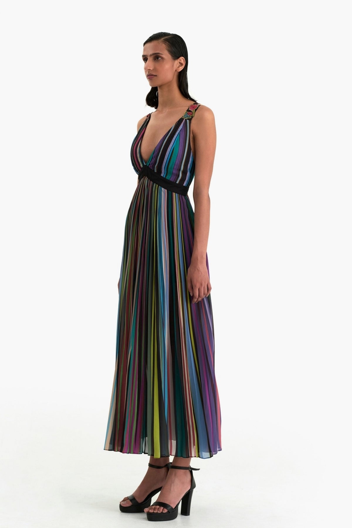 Striped Radial Pleated Maxi Dress