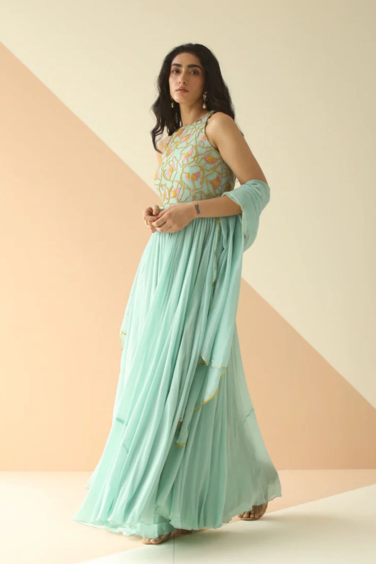 Mint blue abstract yoke anarkali