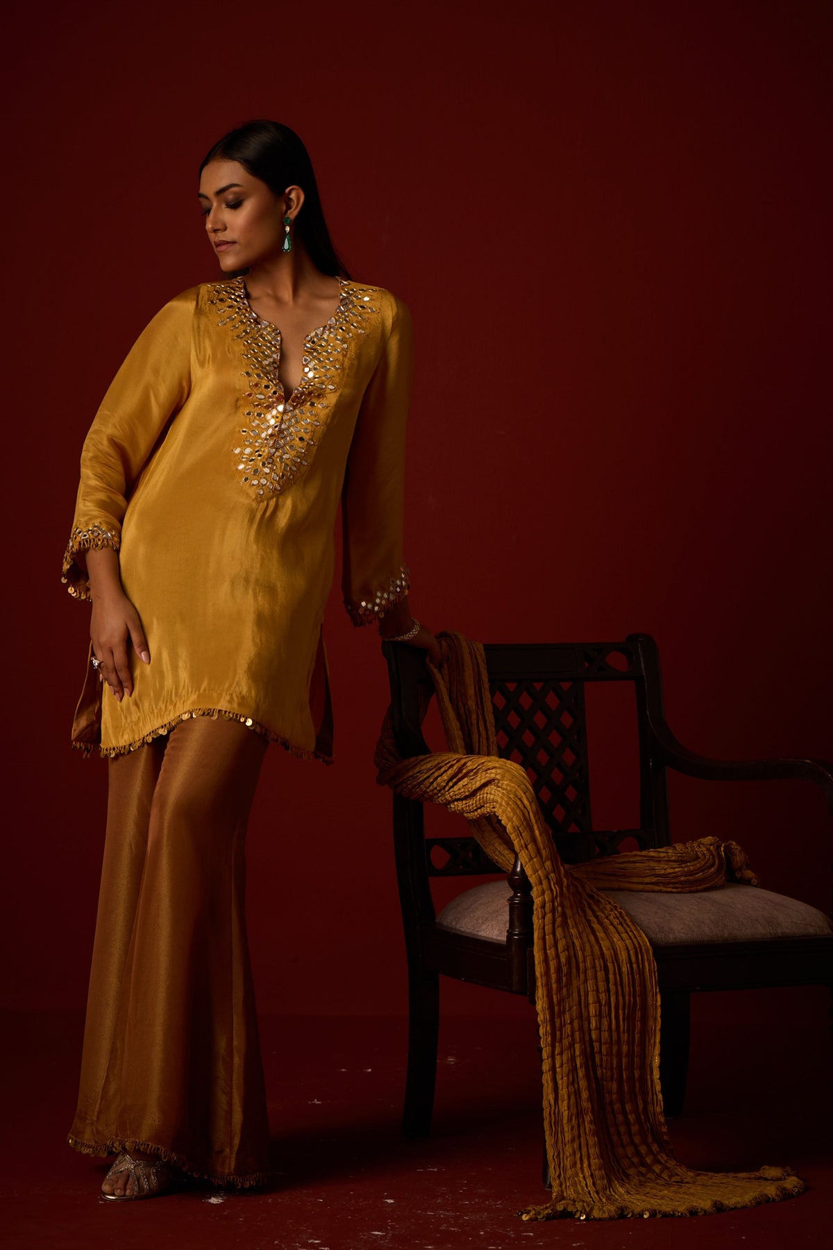 Golden Yellow Mirror Work Sharara Set