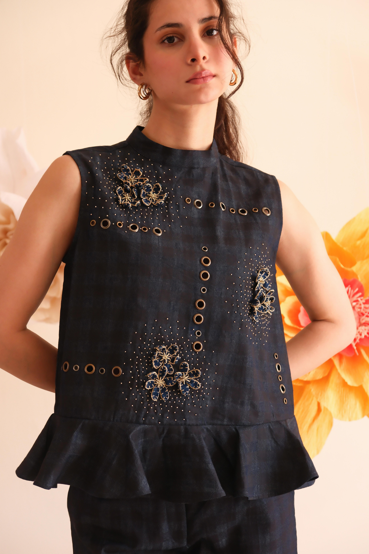Midnight Blue Floral Checkered Top