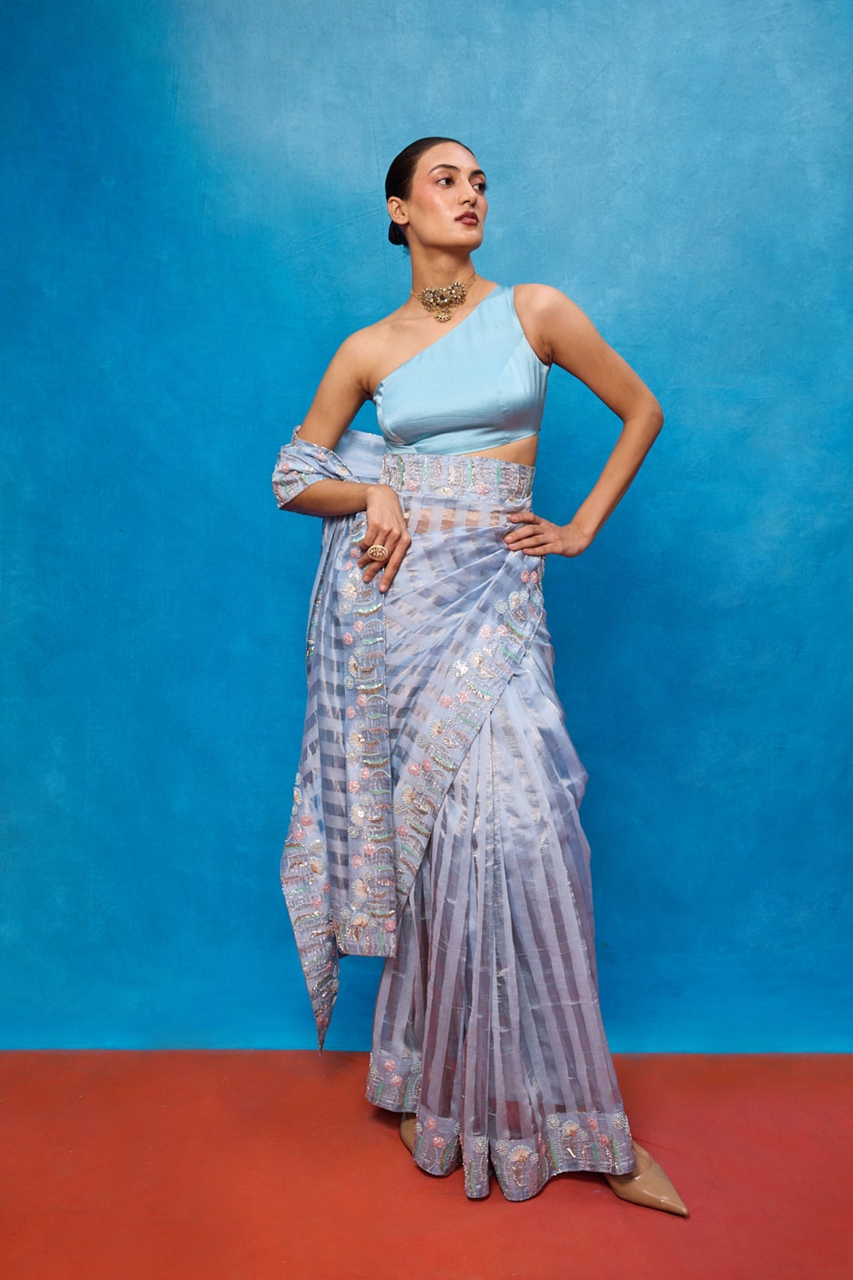 Handwoven Ice Blue Tissue Embroidered Saree