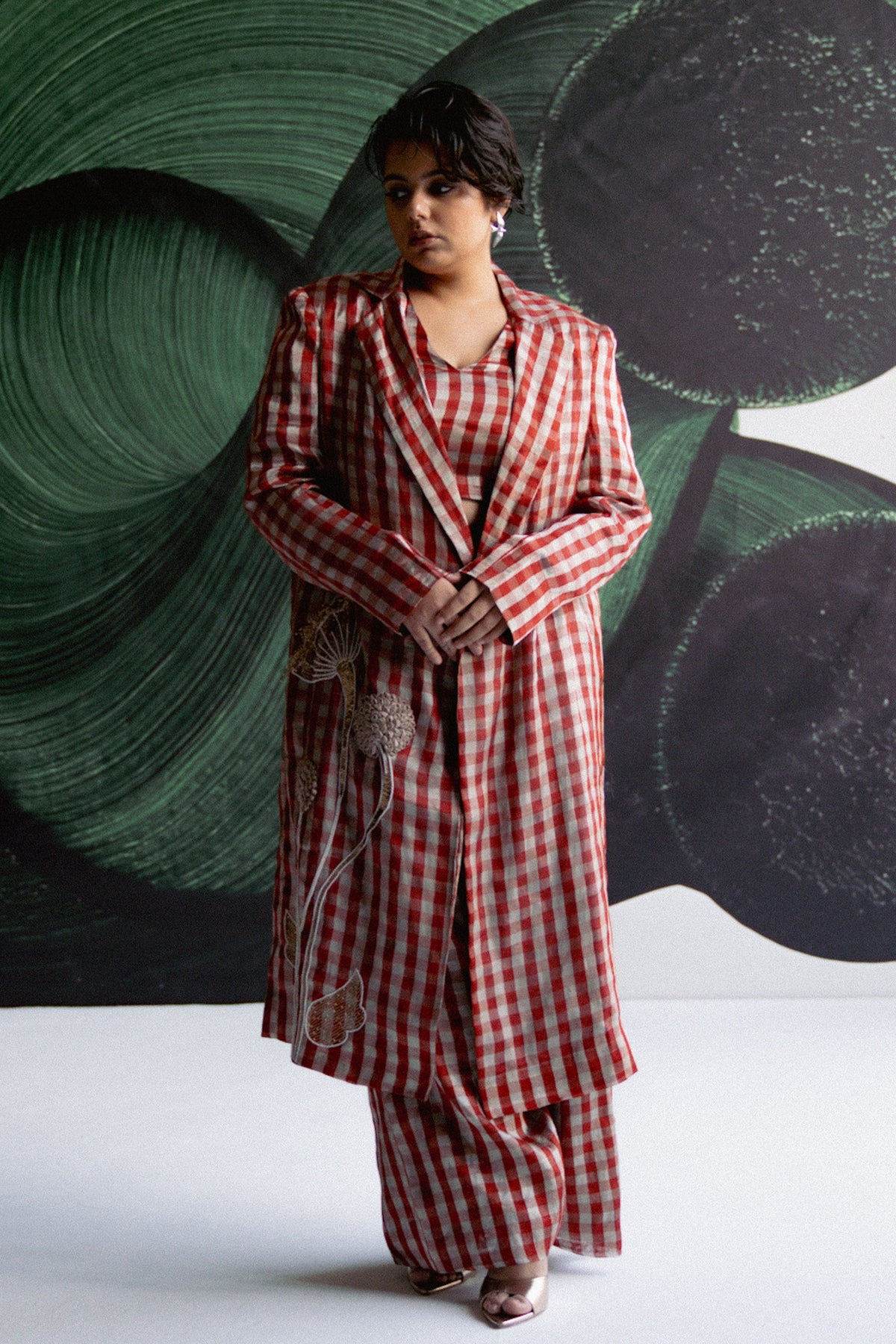 Red Check Trench Coat Set
