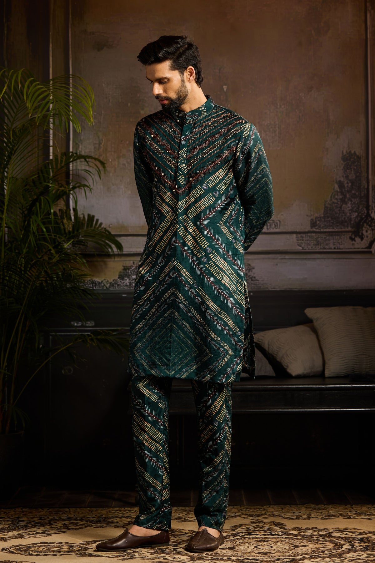 Dark Green Chevron kurta set