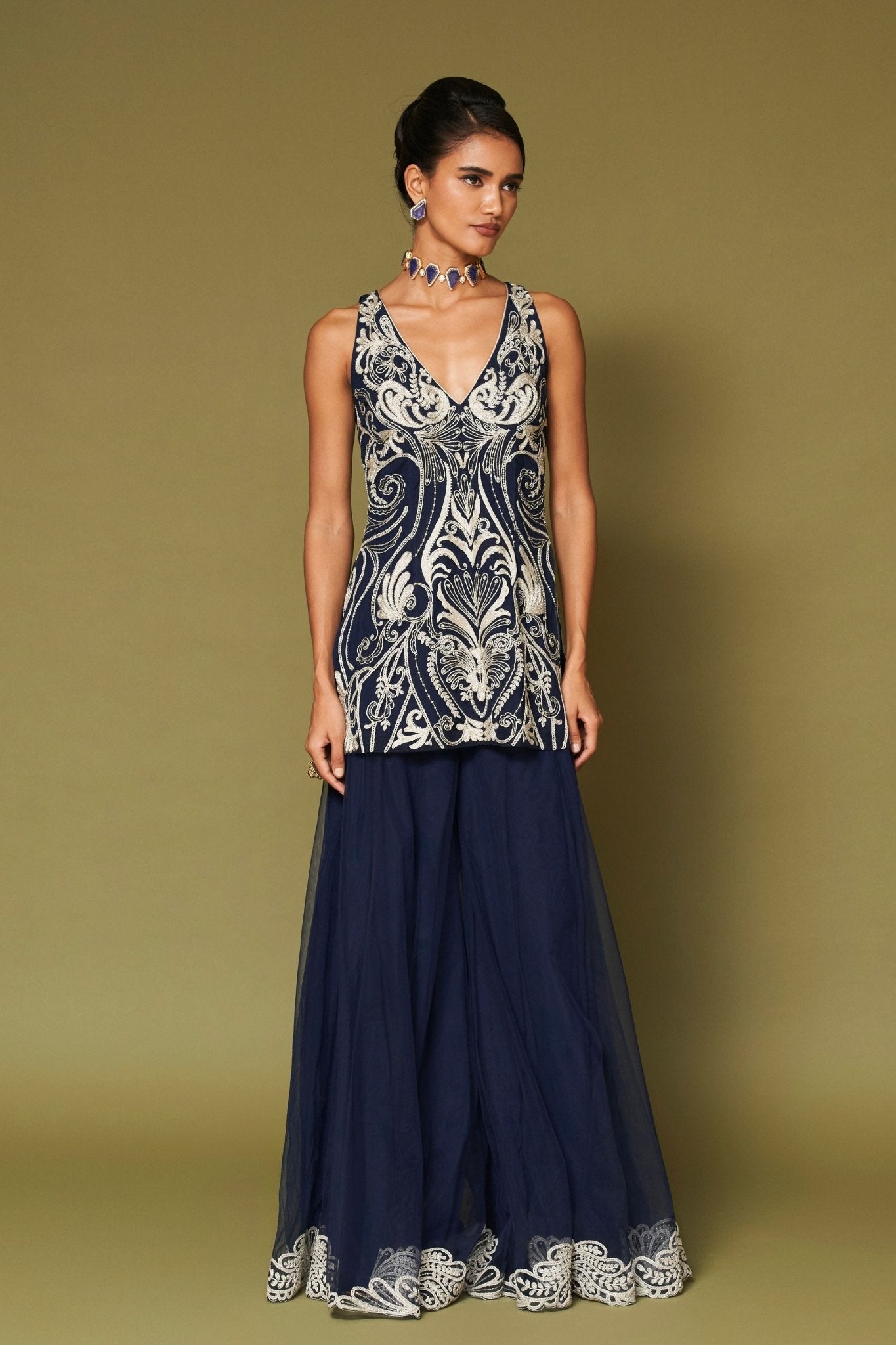 Midnight Navy Embroidered Sharara Set - Devnaagri - Elahe