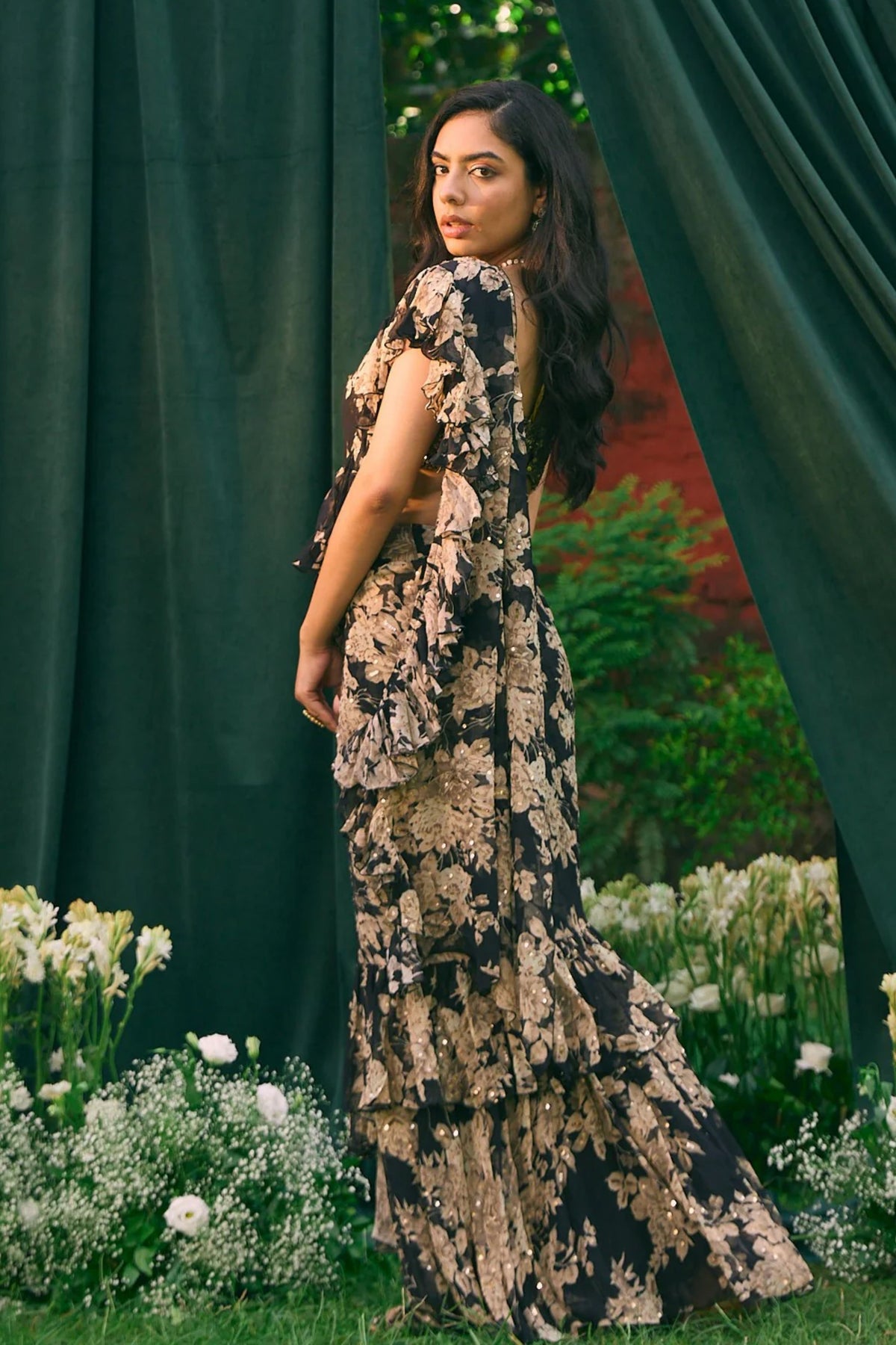 Black Chiffon Floral Frill Saree