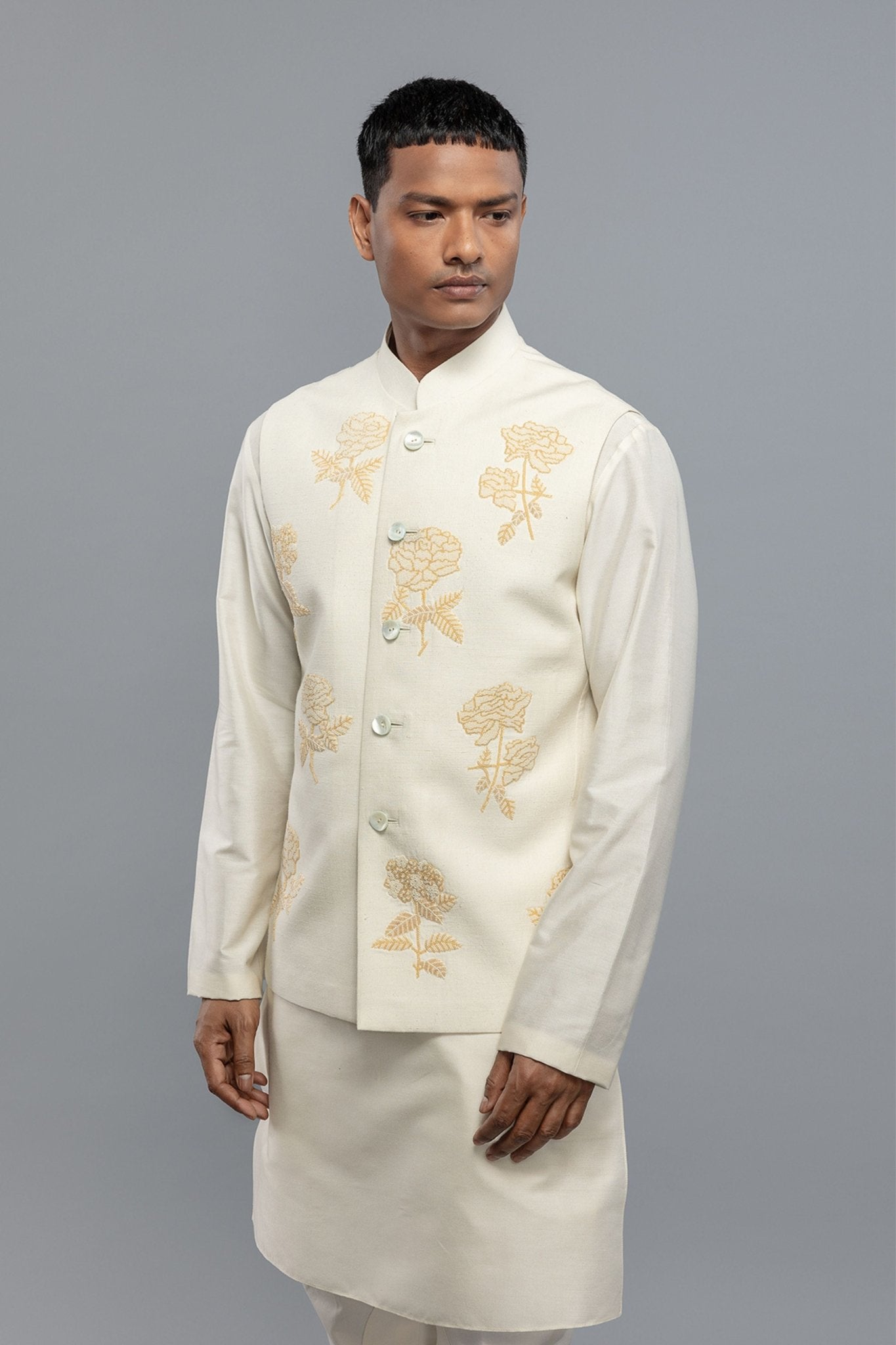 Ivory Bundi With Embroidery - Rohit Bal Menswear - Elahe