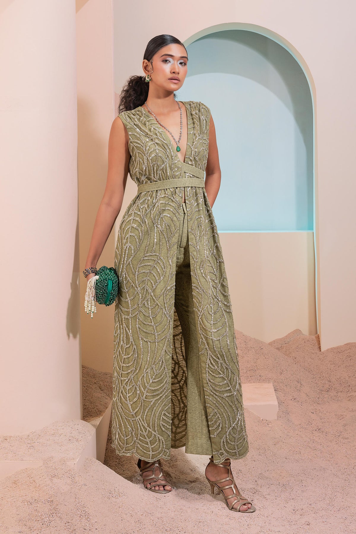 Olive Foliage Jacket Set
