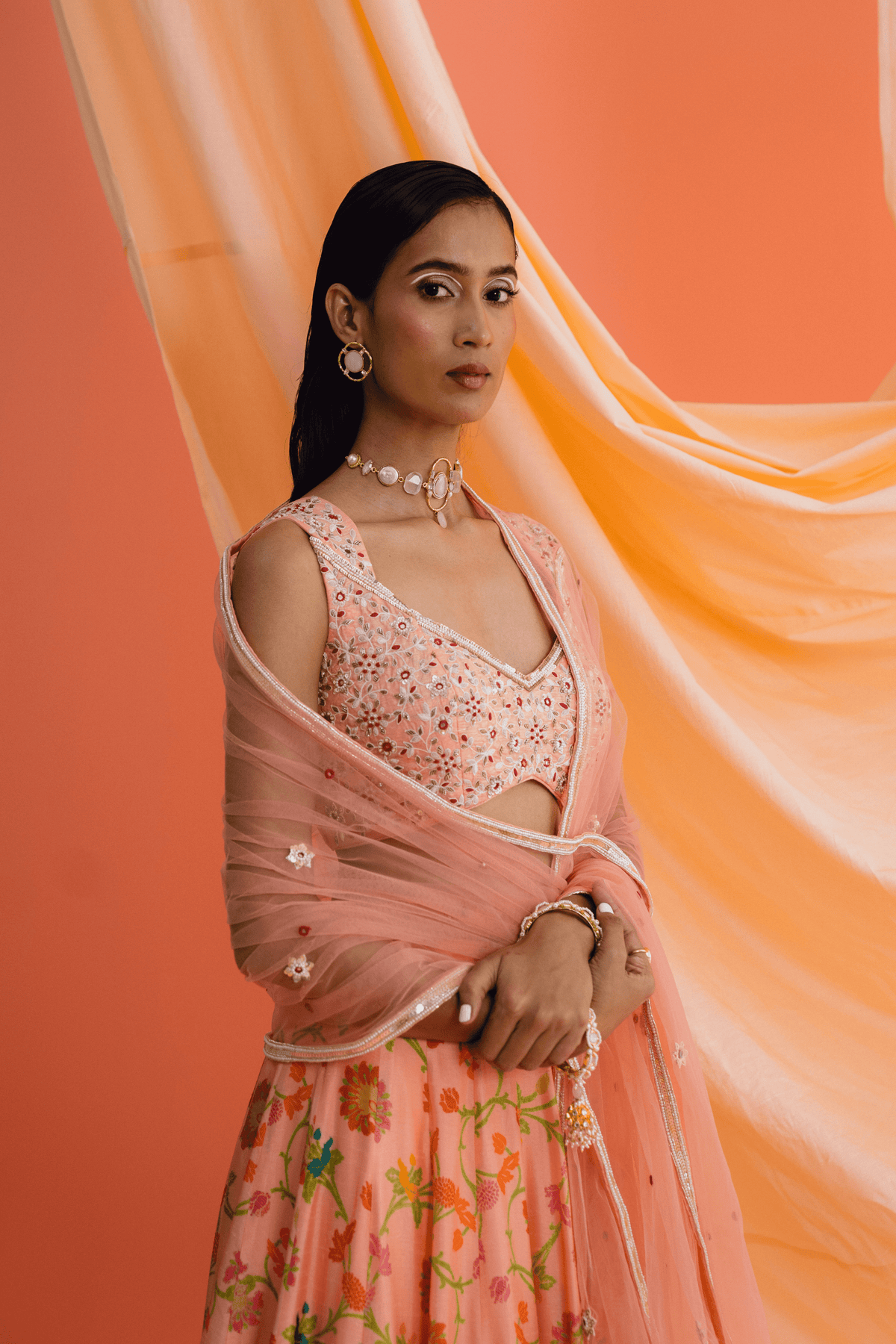 Peach Panelled Lehenga Set