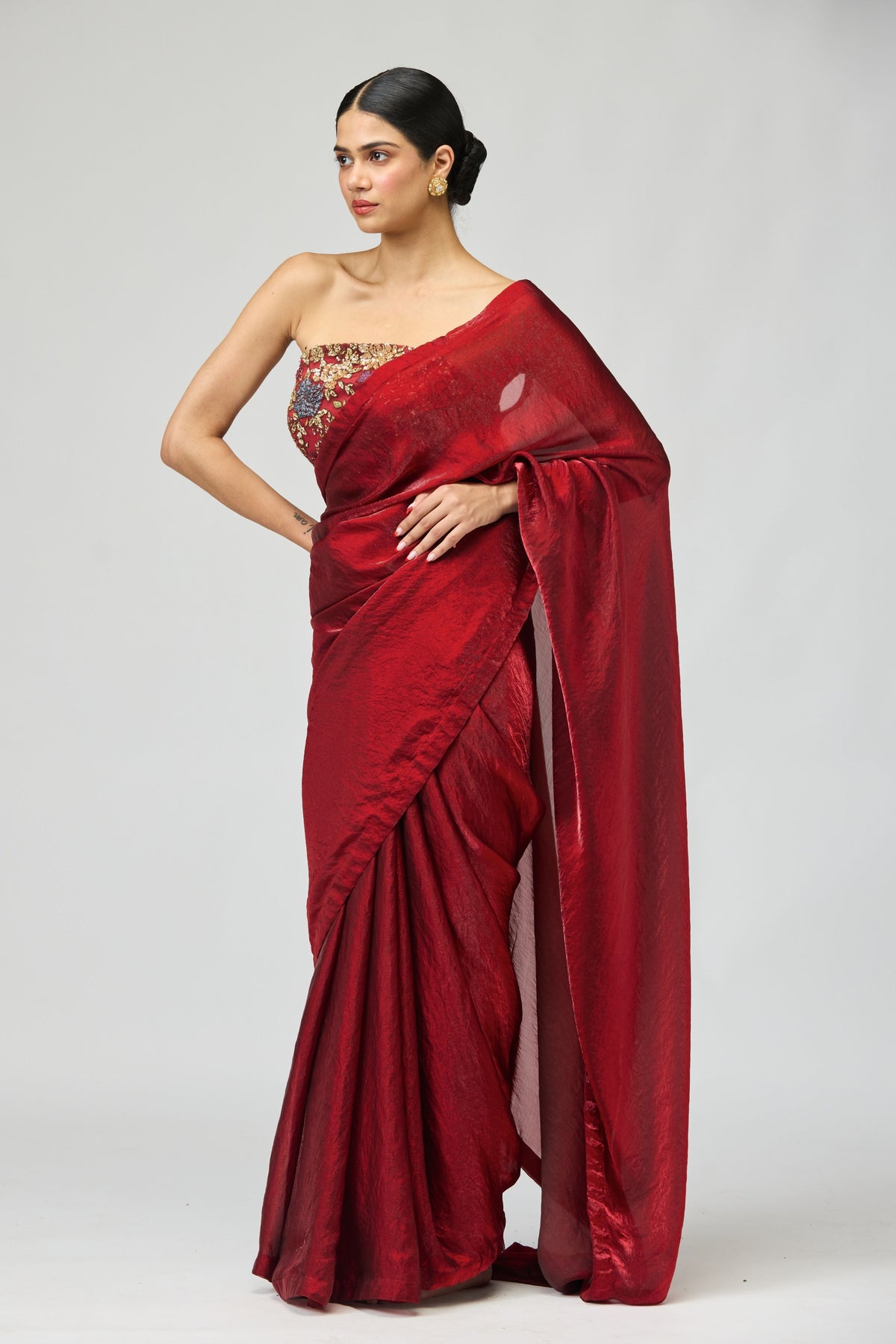 Maroon Net Embroidered Saree Set