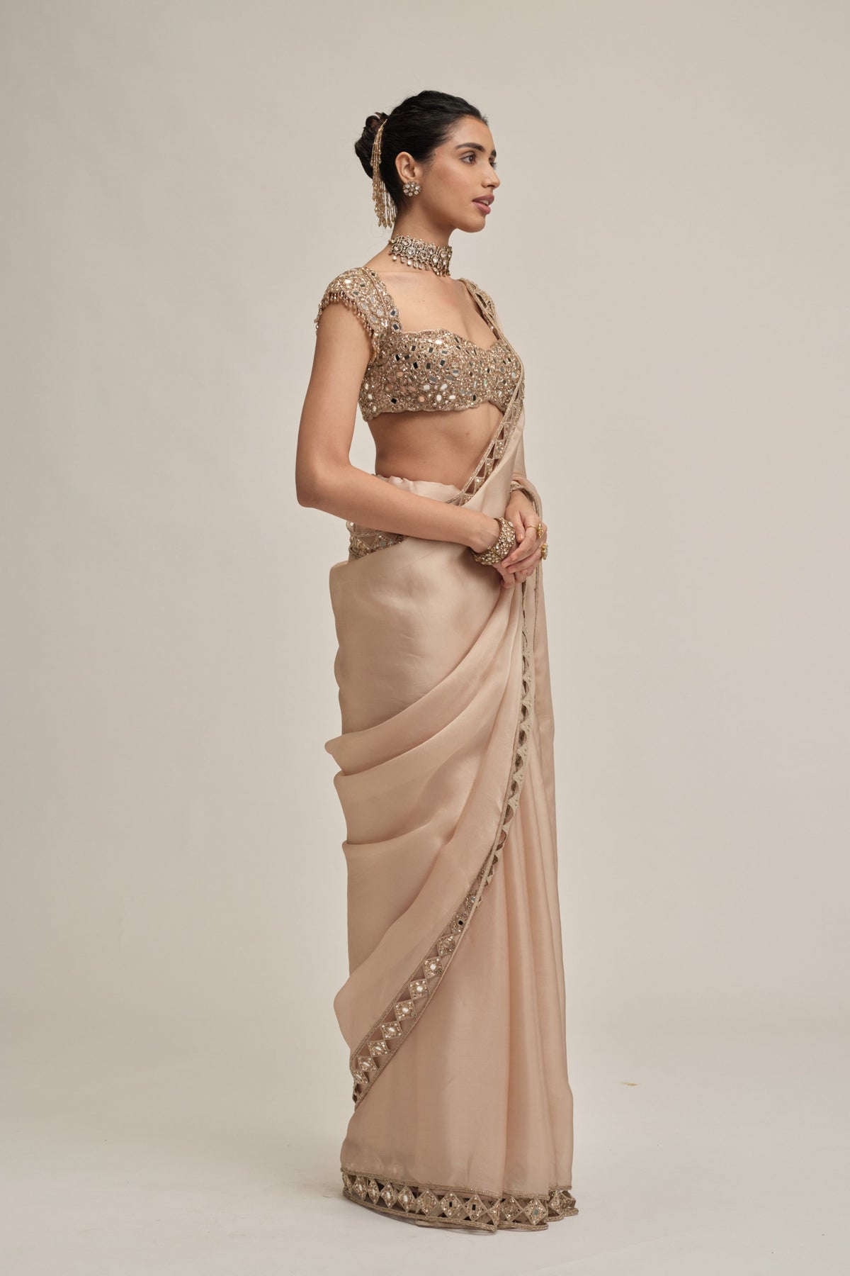 Beige Diamond Saree Set