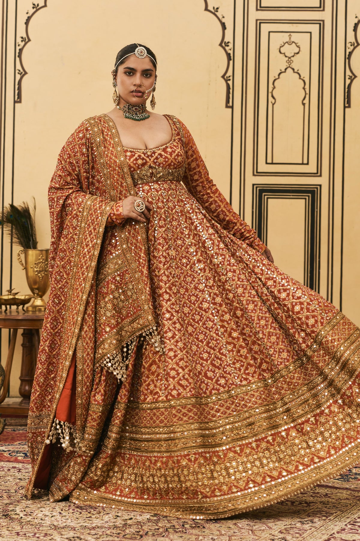 Rust Bandhani Anarkali Set