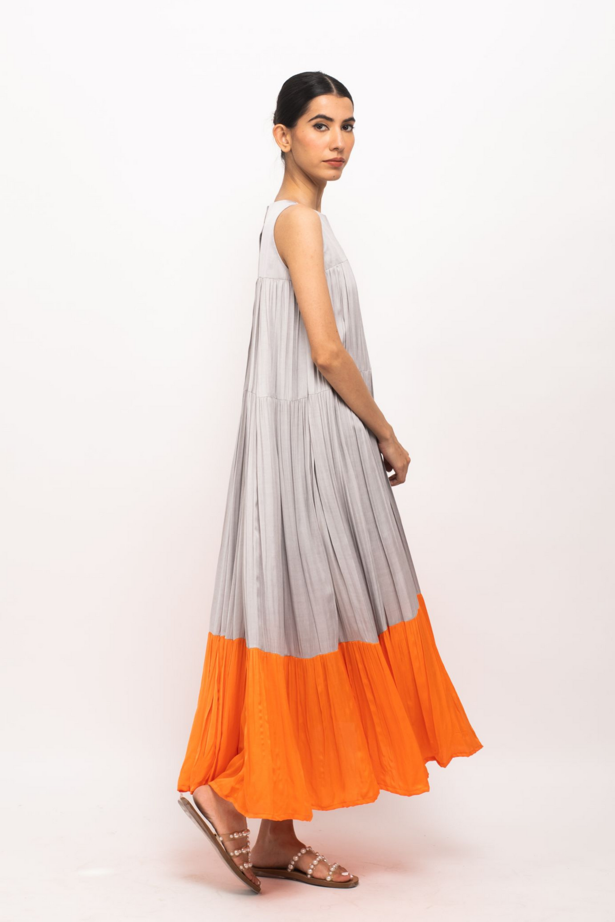 Grey and Orange Halter Neck Dress