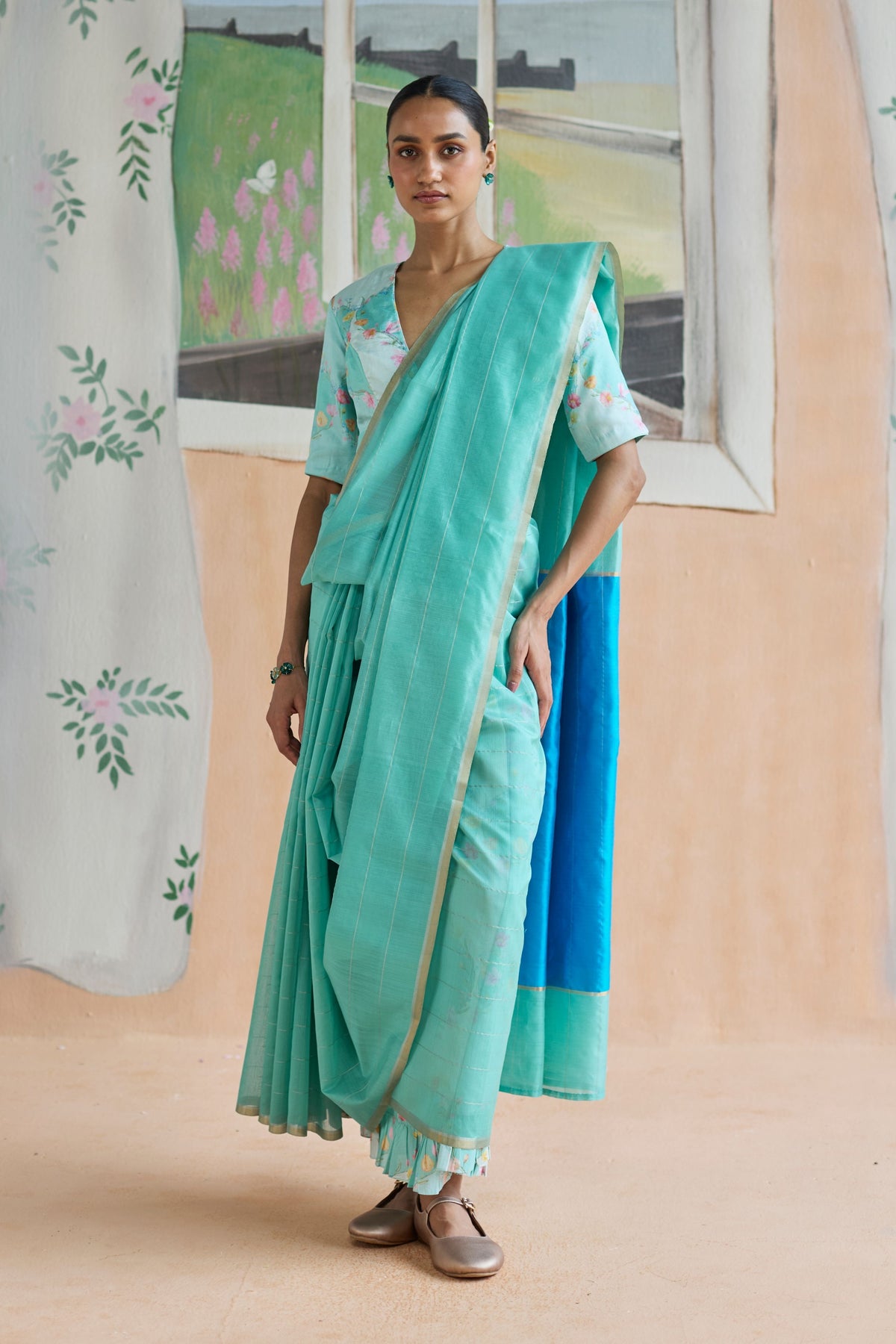 Aqua Scape Chanderi Sari