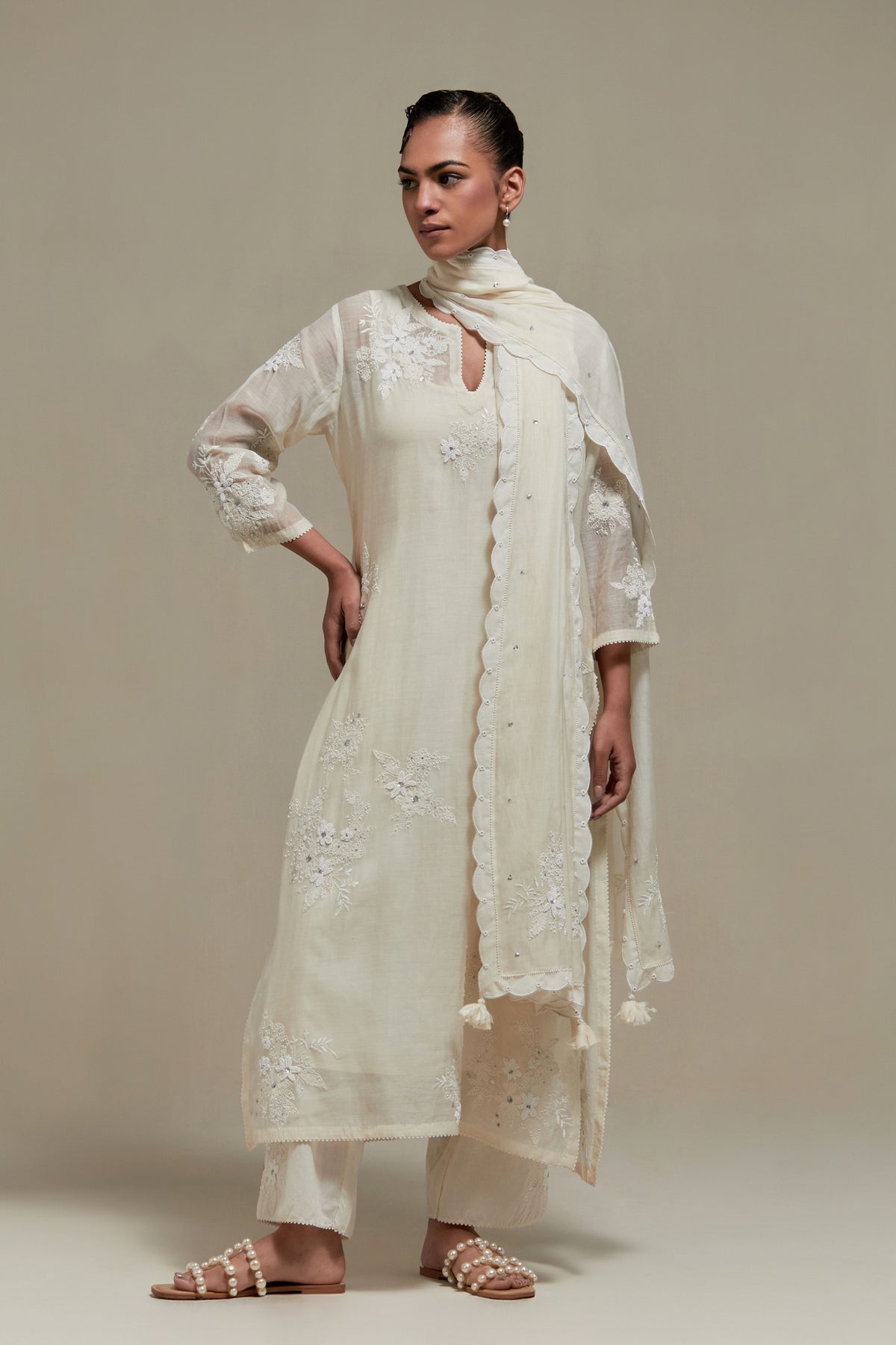 Off White Floral Kurta Set